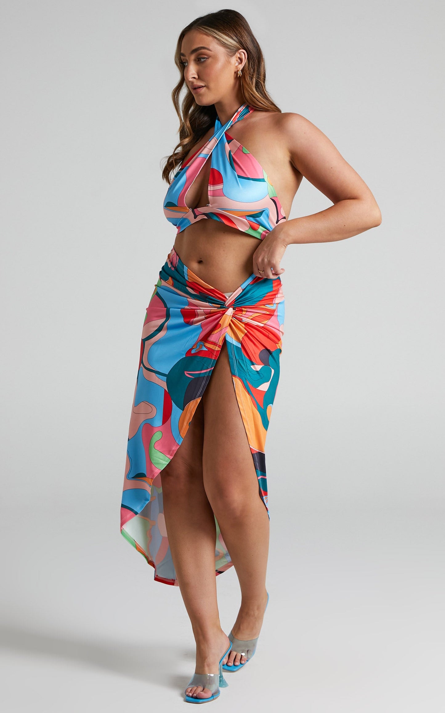 Girls From Venus Two Piece Set - Printed Halter Crop and Midi Skirt Set in Red/Green/Blue