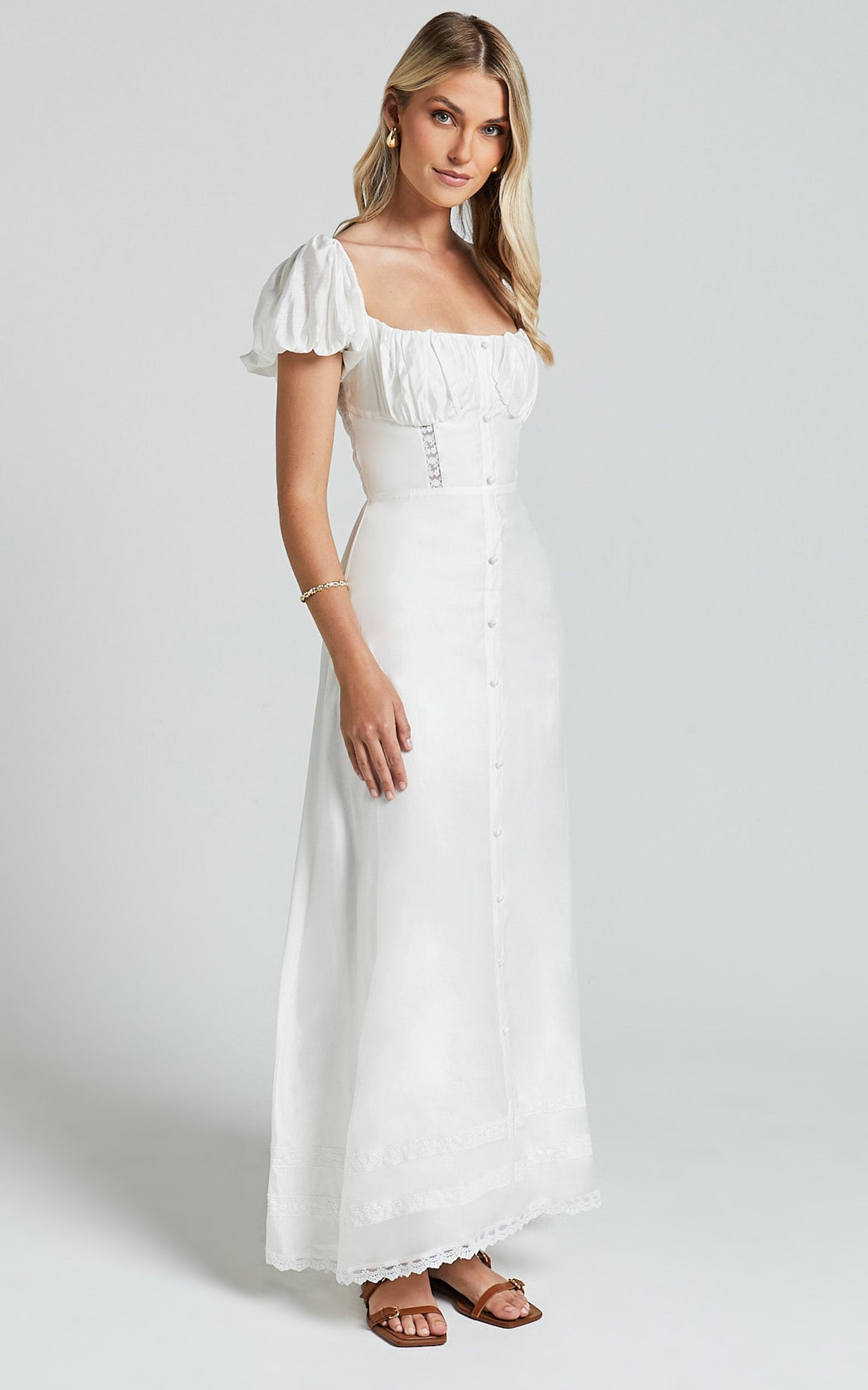 Giselle Midi Dress - Puff Sleeve Corset Flare Dress in White