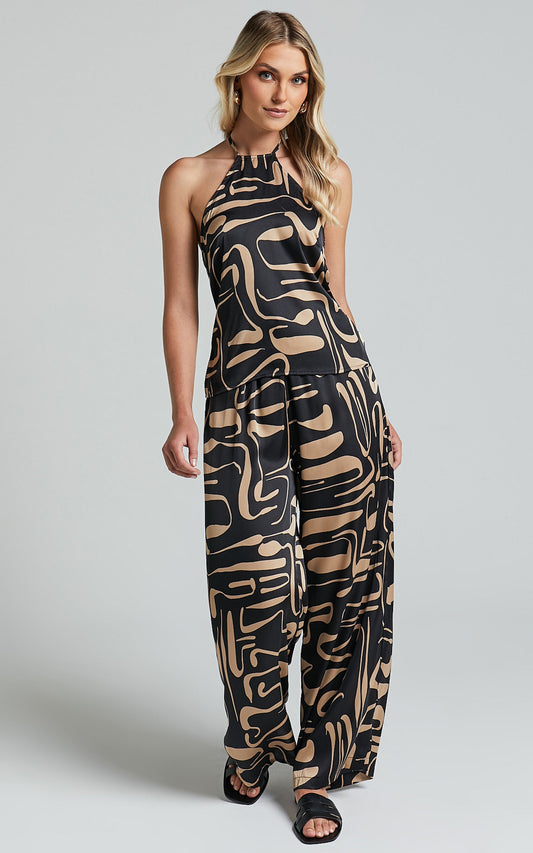 Gisellyn Two Piece Set - Halter Neck Top & Drawstring Pants in Black & Beige Print