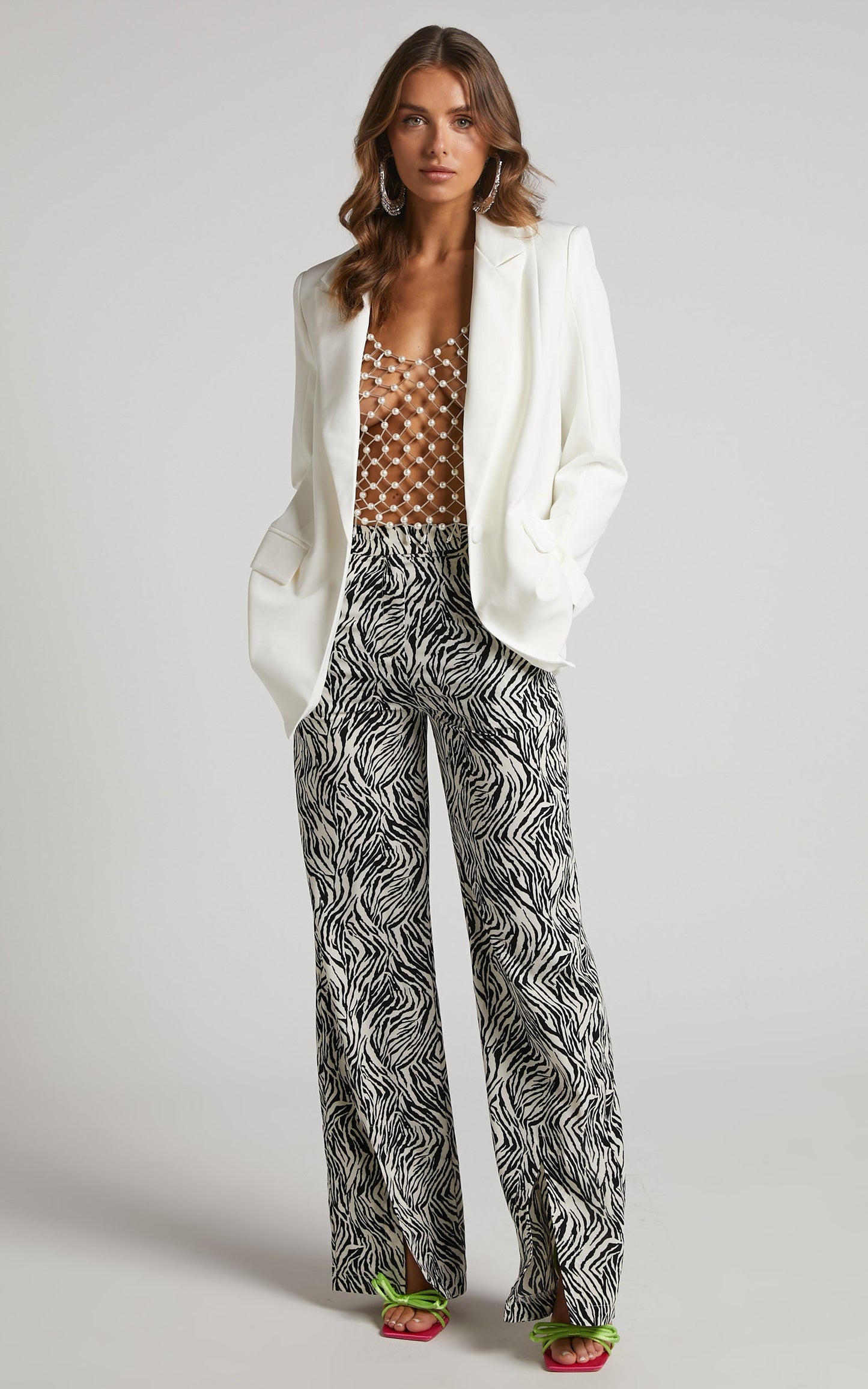 Gizelle Pants - High Waisted Tailored Straight Leg Split Hem Pants in Zebra Print