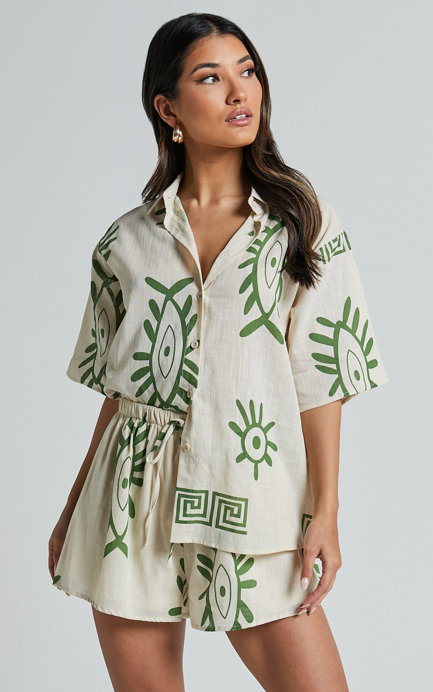 Gizelle Two Piece Set - Linen Short Sleeve Shirt & Shorts Set in Beige and Green Print
