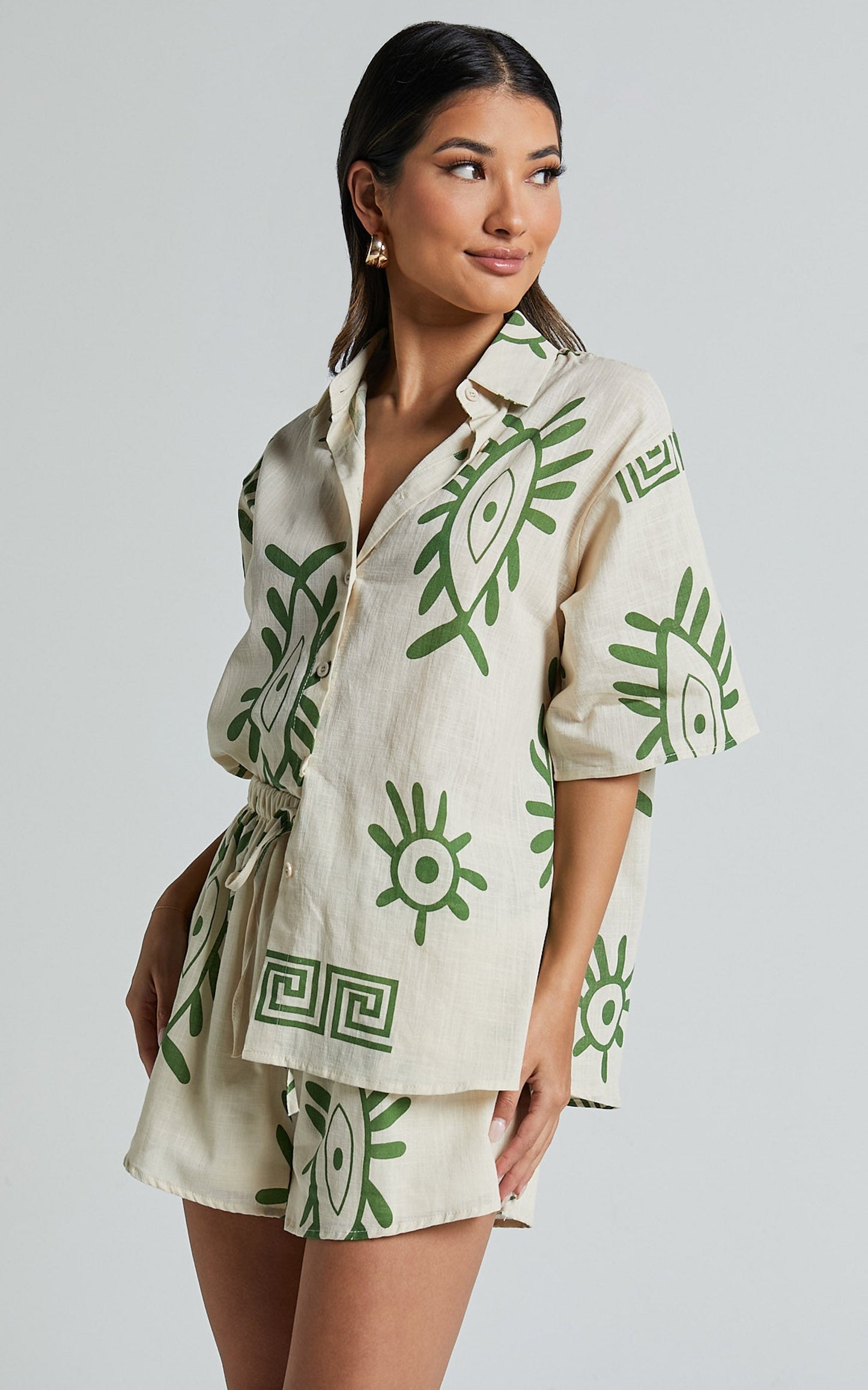 Gizelle Two Piece Set - Linen Short Sleeve Shirt & Shorts Set in Beige and Green Print