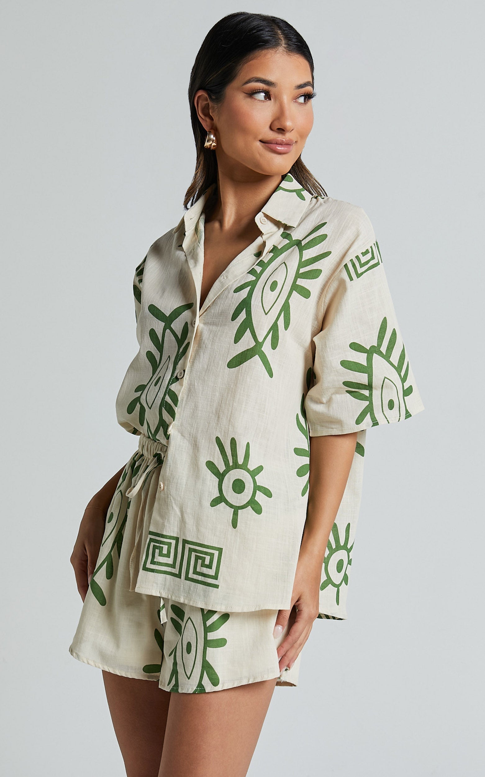 Gizelle Two Piece Set - Linen Short Sleeve Shirt & Shorts Set in Beige and Green Print