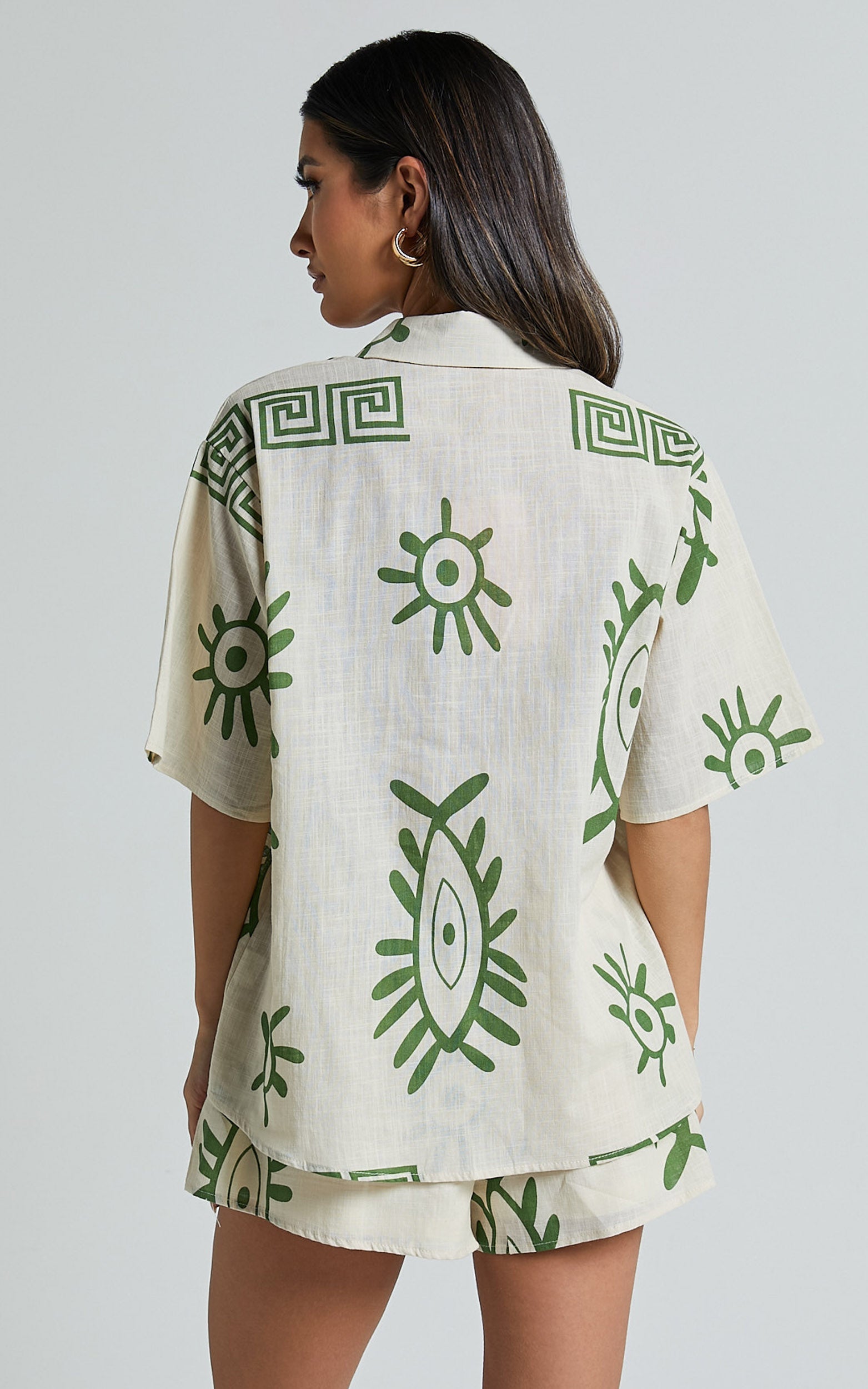 Gizelle Two Piece Set - Linen Short Sleeve Shirt & Shorts Set in Beige and Green Print