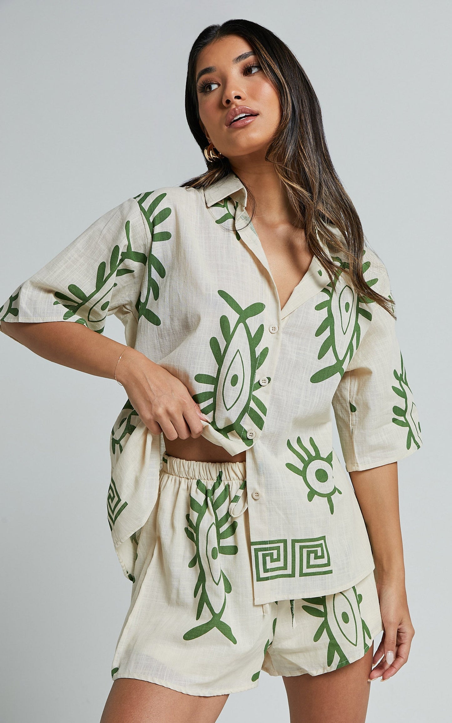 Gizelle Two Piece Set - Linen Short Sleeve Shirt & Shorts Set in Beige and Green Print