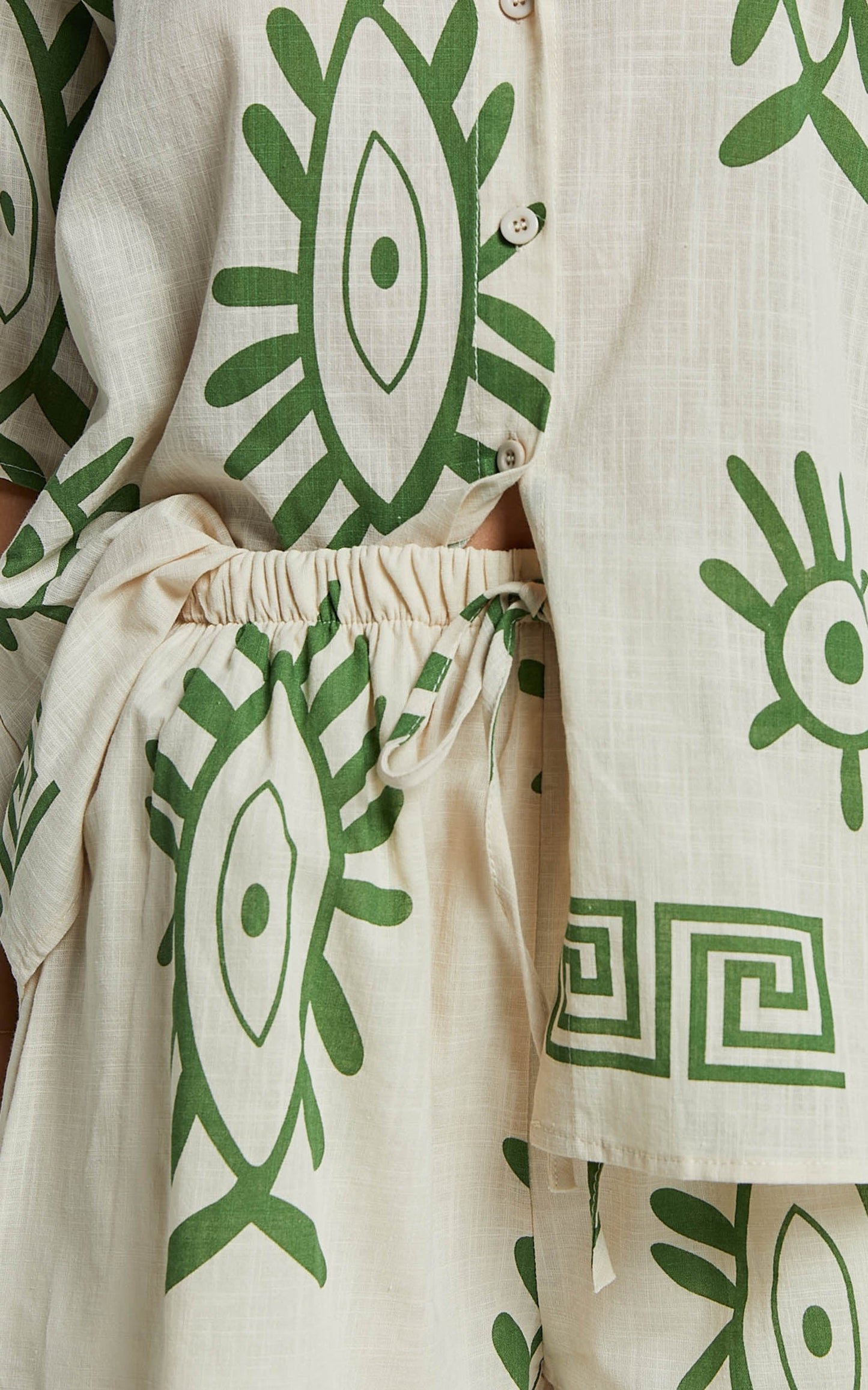 Gizelle Two Piece Set - Linen Short Sleeve Shirt & Shorts Set in Beige and Green Print