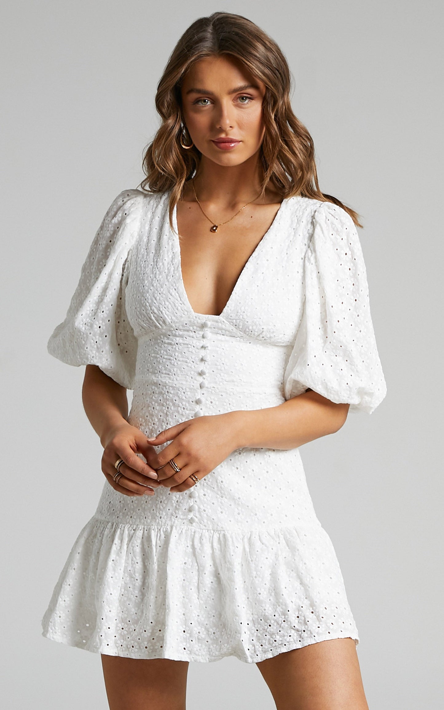 Gladys Embroidered Mini Dress with Puff Sleeves in White