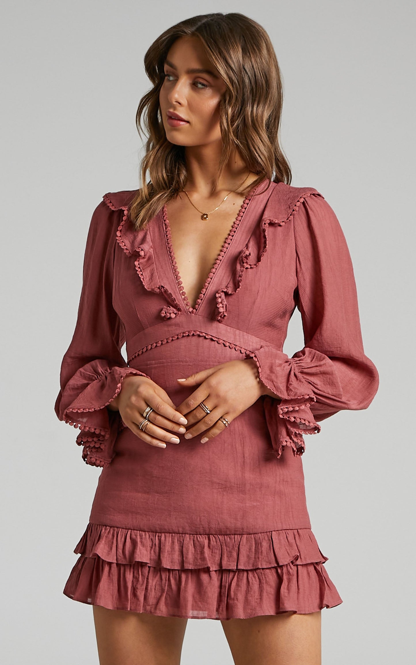 Glamorous Long Sleeve Mini Dress with Trims in Dusty Rose