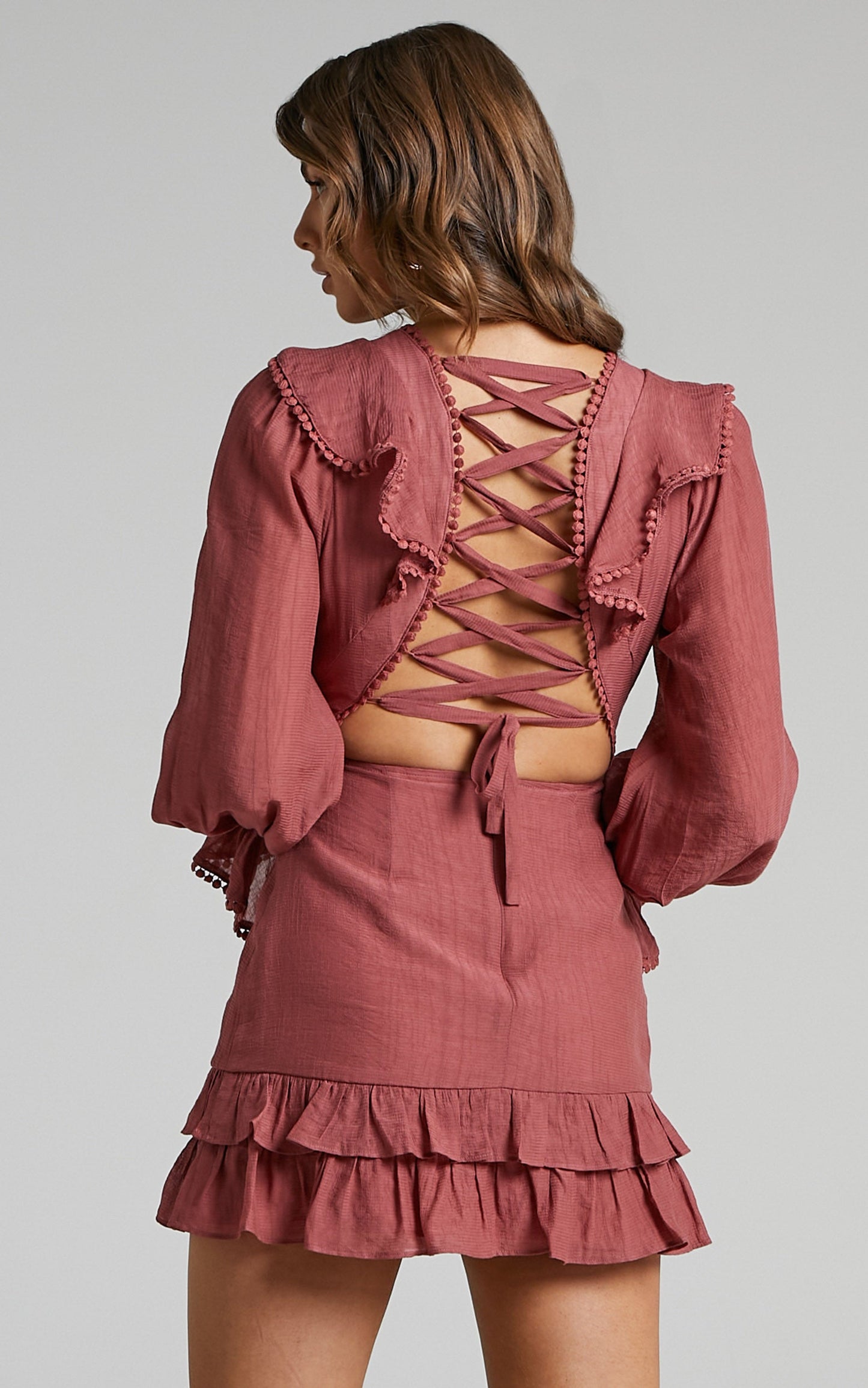 Glamorous Long Sleeve Mini Dress with Trims in Dusty Rose