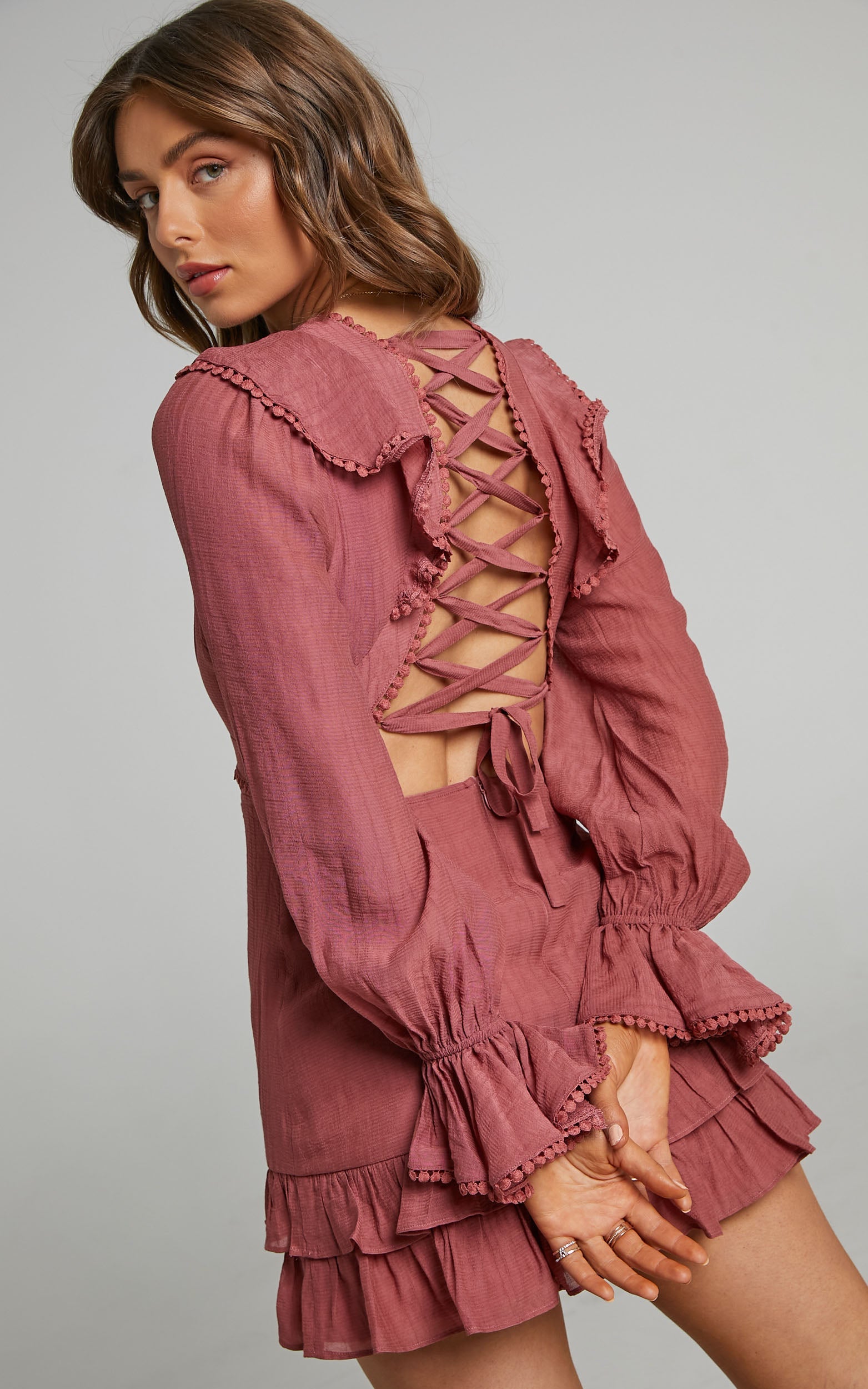 Glamorous Long Sleeve Mini Dress with Trims in Dusty Rose