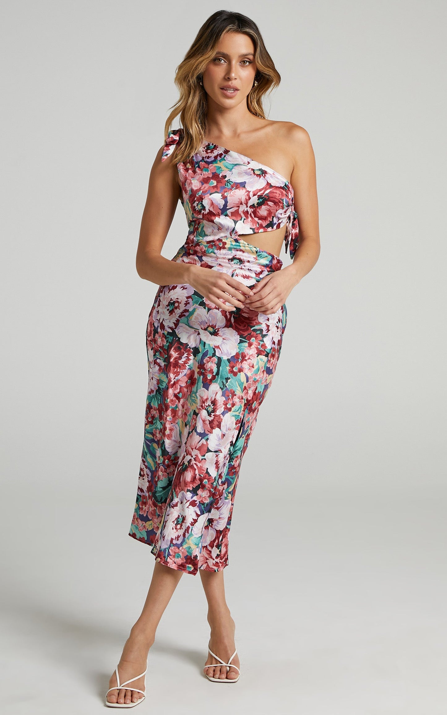 Glaucus Midi Dress - One Shoulder Cut Out Dress in Amorous Floral