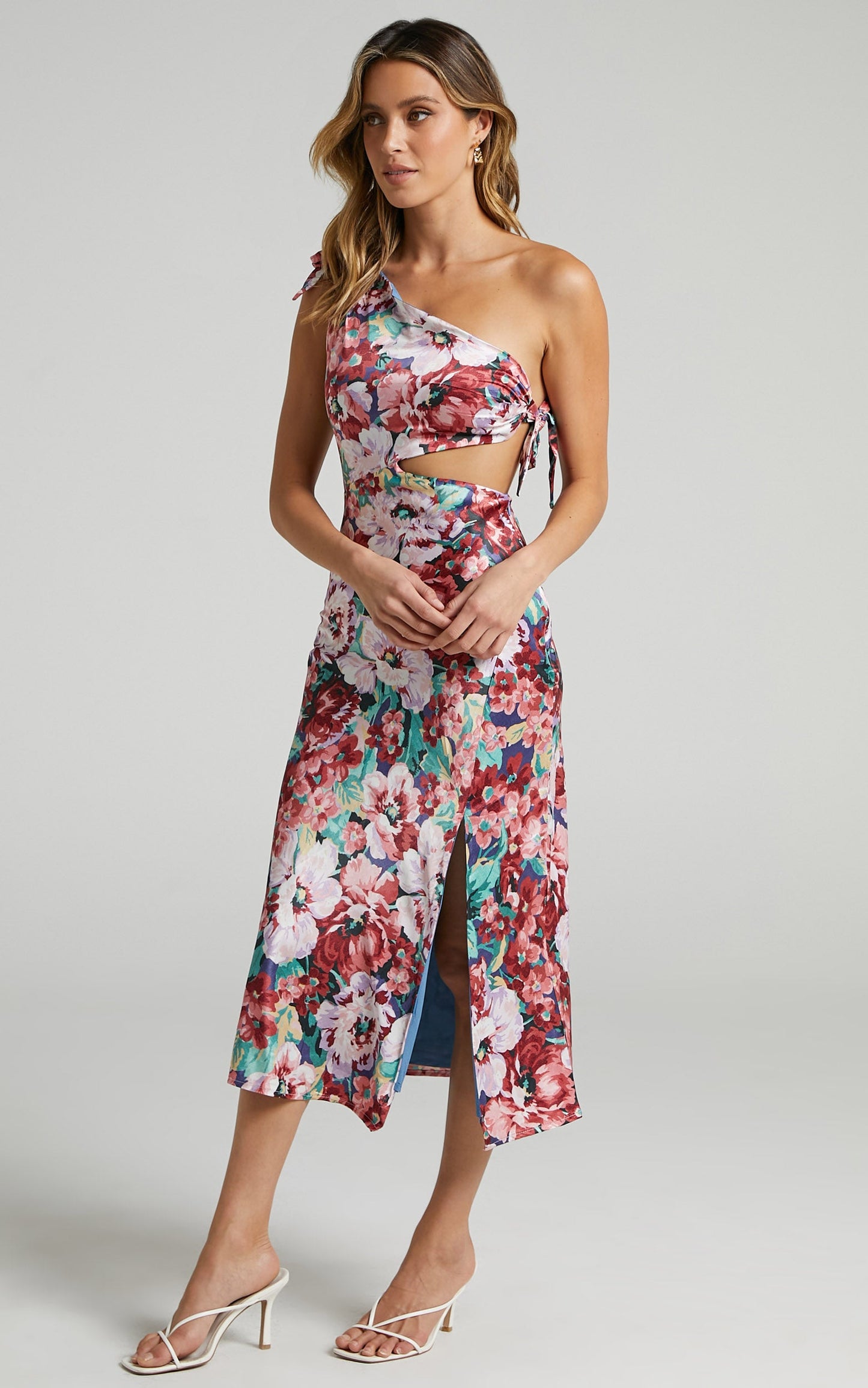 Glaucus Midi Dress - One Shoulder Cut Out Dress in Amorous Floral