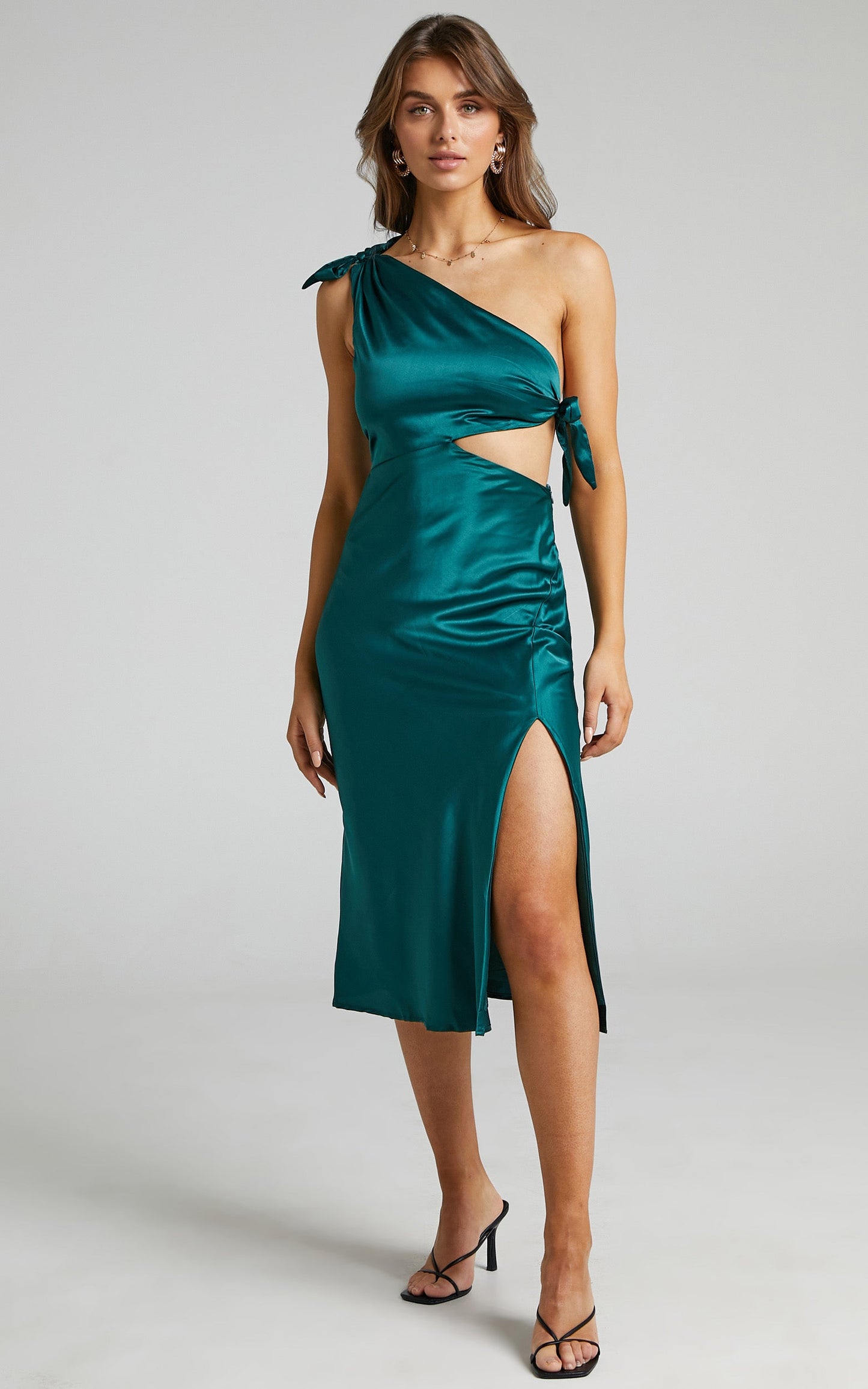 Glaucus Midi Dress - One Shoulder Cut Out Dress in Emerald Satin