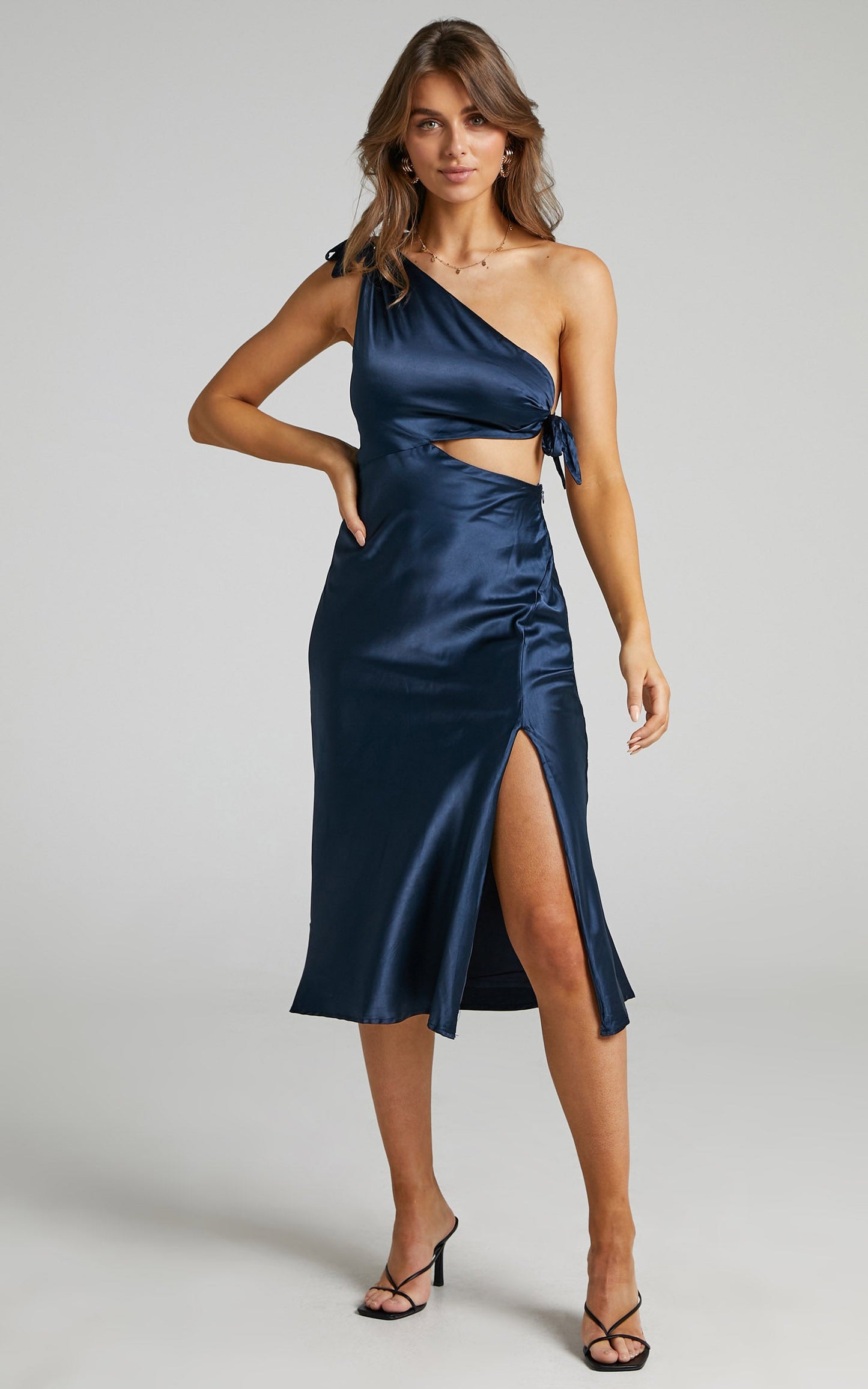 Glaucus Midi Dress - One Shoulder Cut Out Dress in Navy Satin