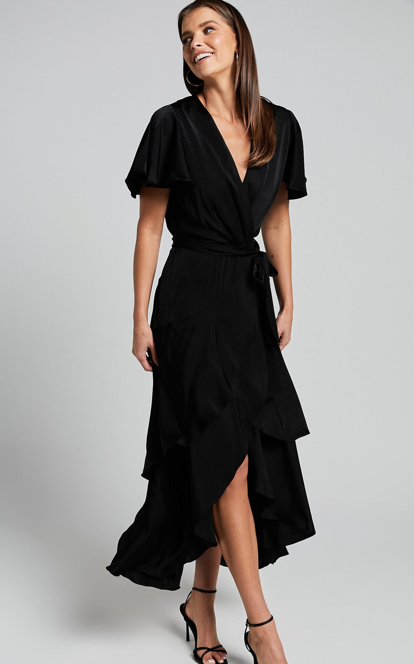 Glena Midi Dress - V Neck Short Flutter Sleeve Wrap in Black