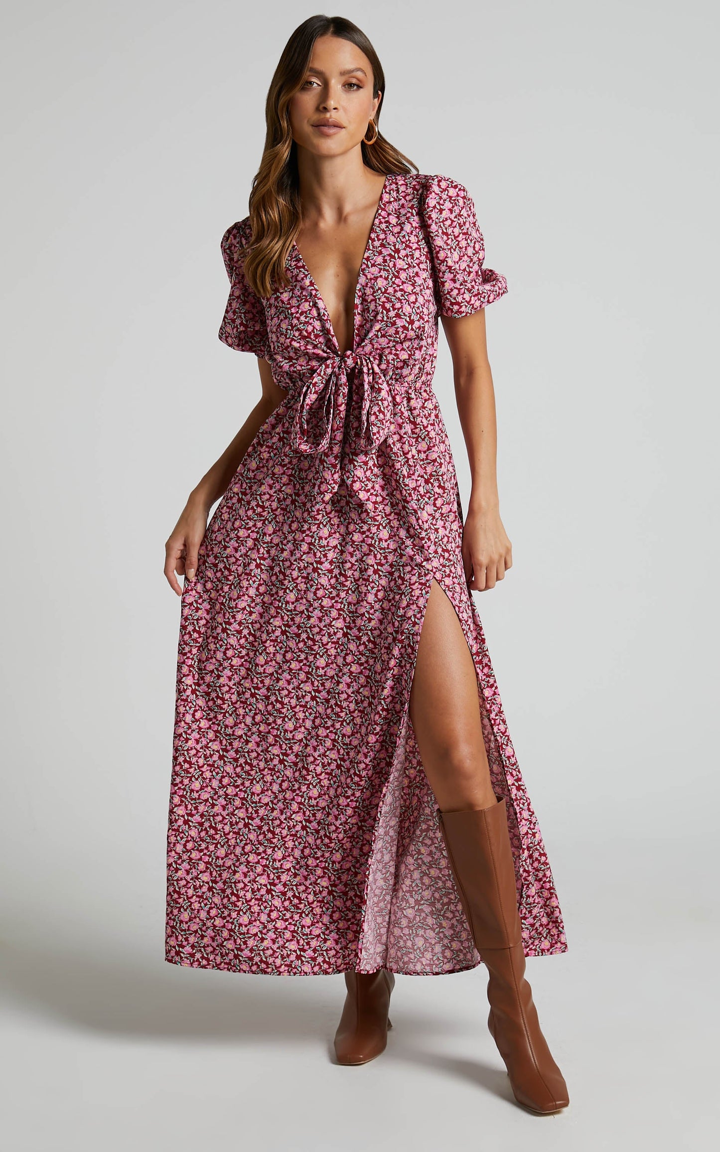 Glenda Midi Dress - Tie Up Short Puff Sleeve Dress in Red Floral