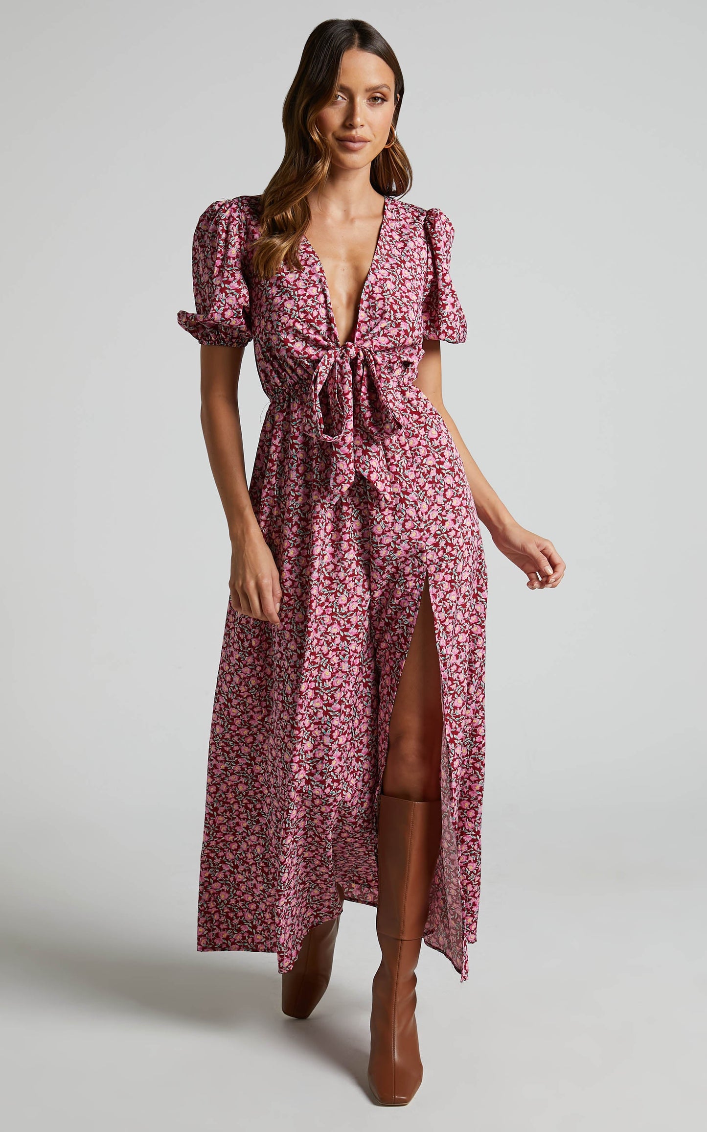 Glenda Midi Dress - Tie Up Short Puff Sleeve Dress in Red Floral