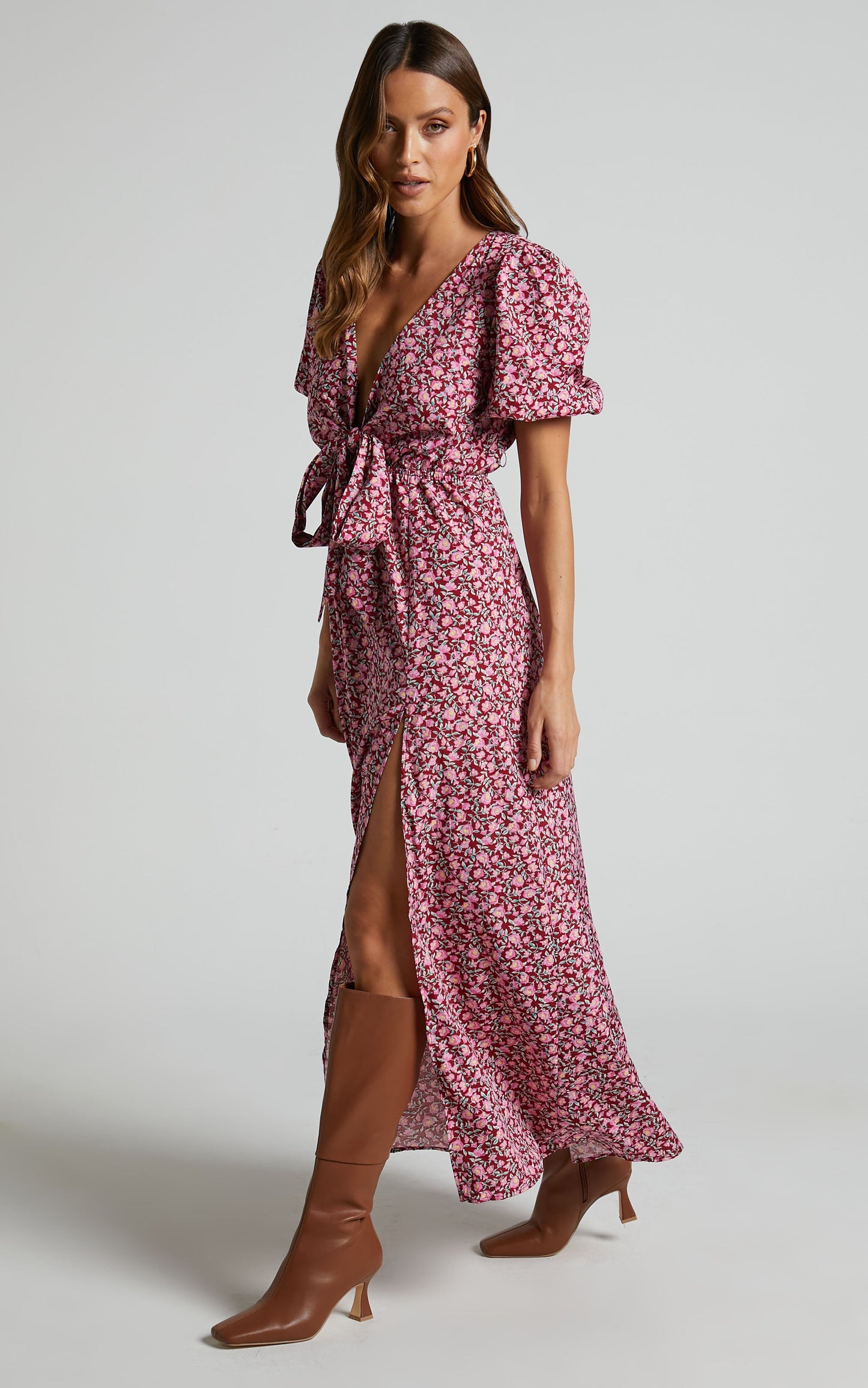 Glenda Midi Dress - Tie Up Short Puff Sleeve Dress in Red Floral