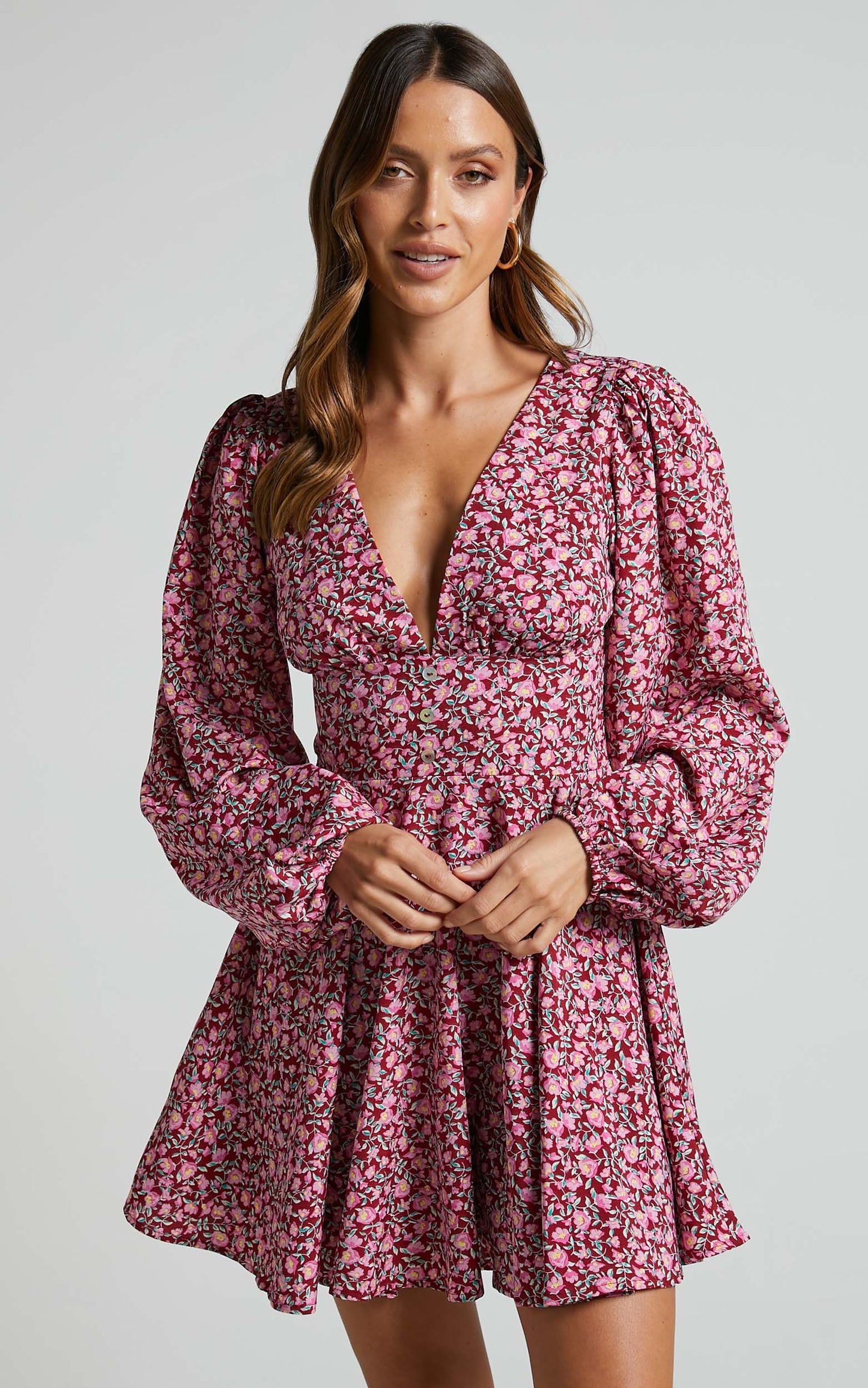 Glenda Mini Dress - Puff Sleeve Button Detail Dress in Red Floral