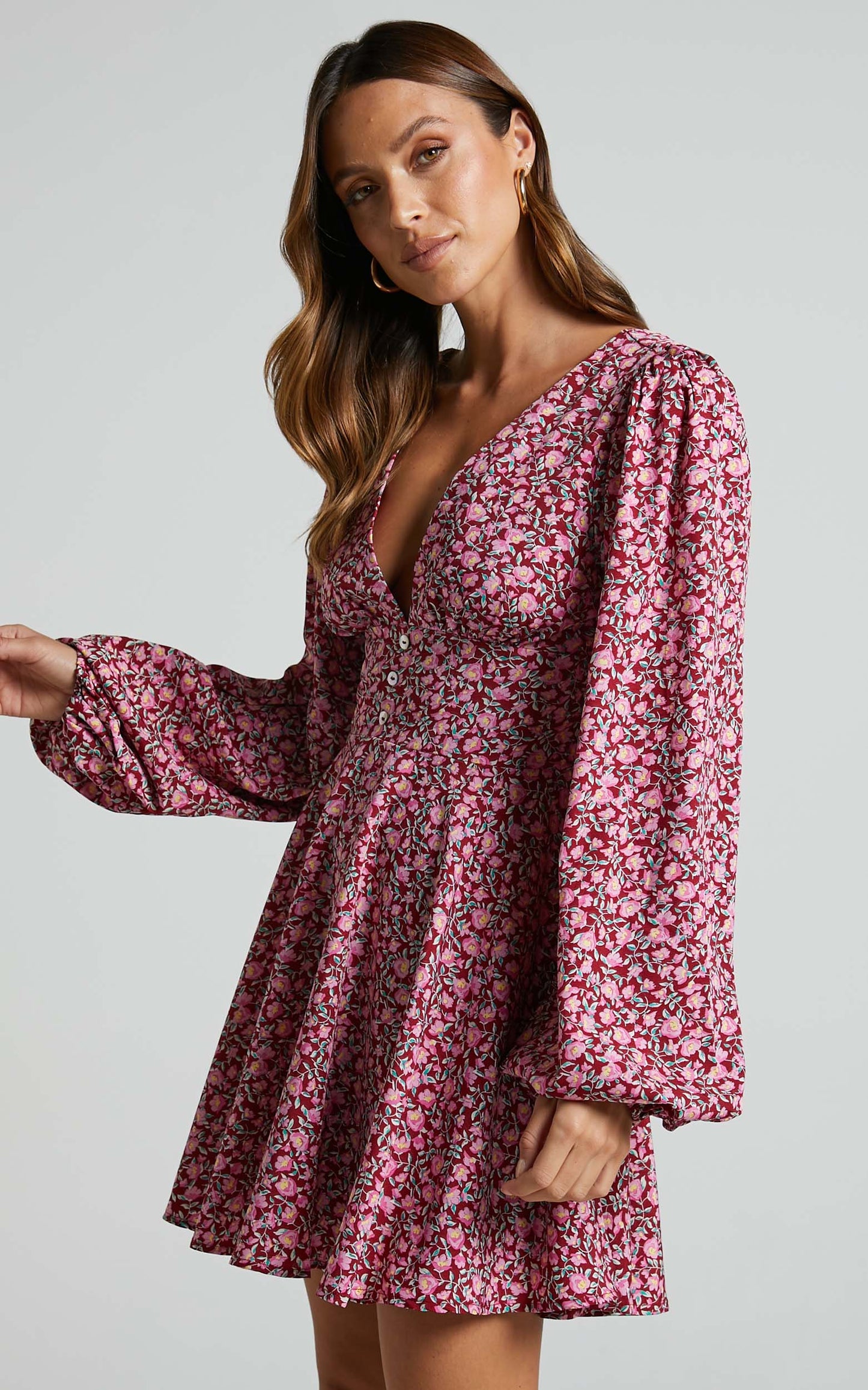 Glenda Mini Dress - Puff Sleeve Button Detail Dress in Red Floral