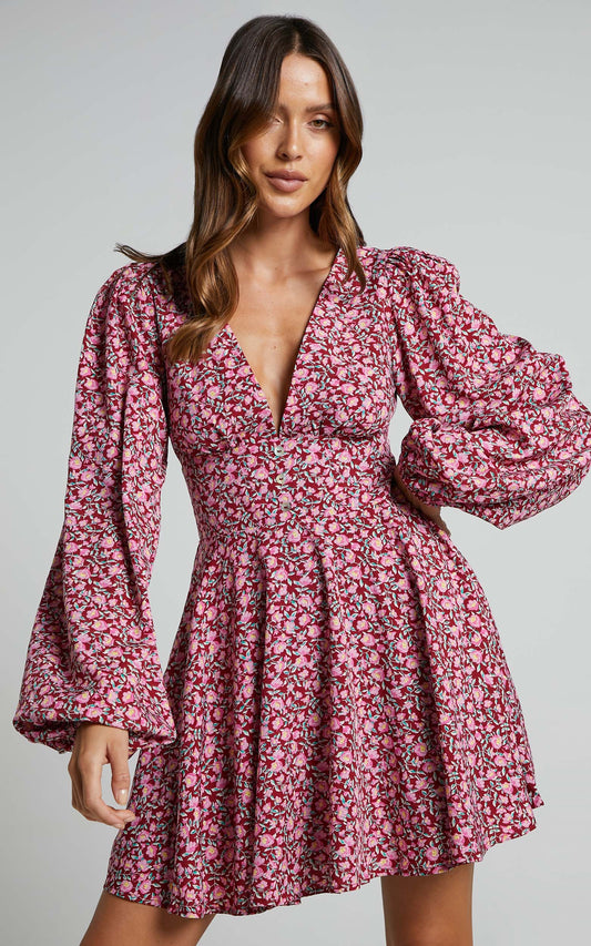 Glenda Mini Dress - Puff Sleeve Button Detail Dress in Red Floral
