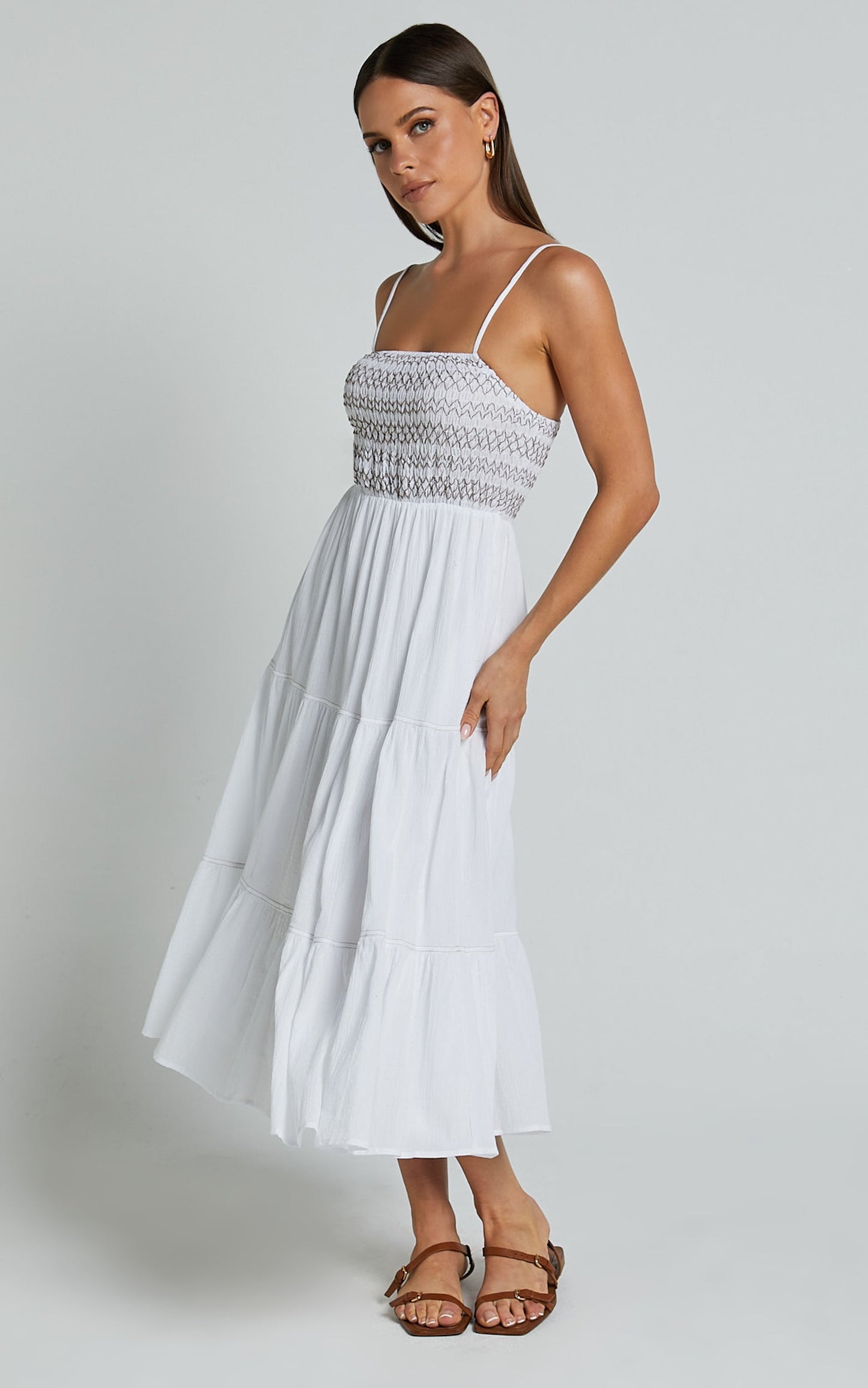 Gloria Midi Dress - Strappy Straight Neck Tiered Dress in White