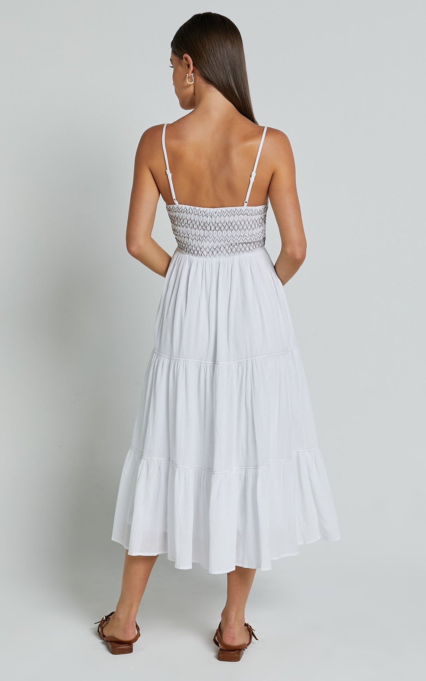 Gloria Midi Dress - Strappy Straight Neck Tiered Dress in White