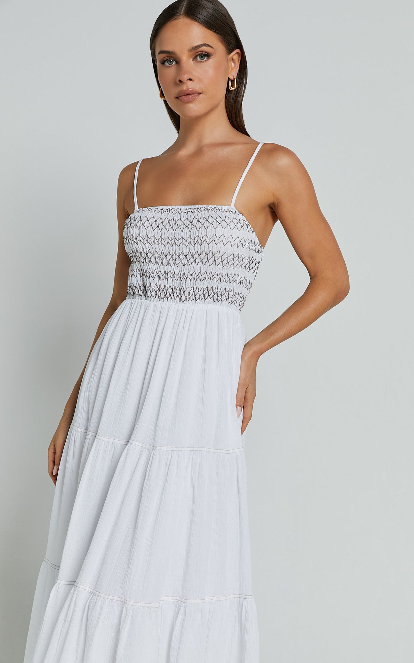 Gloria Midi Dress - Strappy Straight Neck Tiered Dress in White