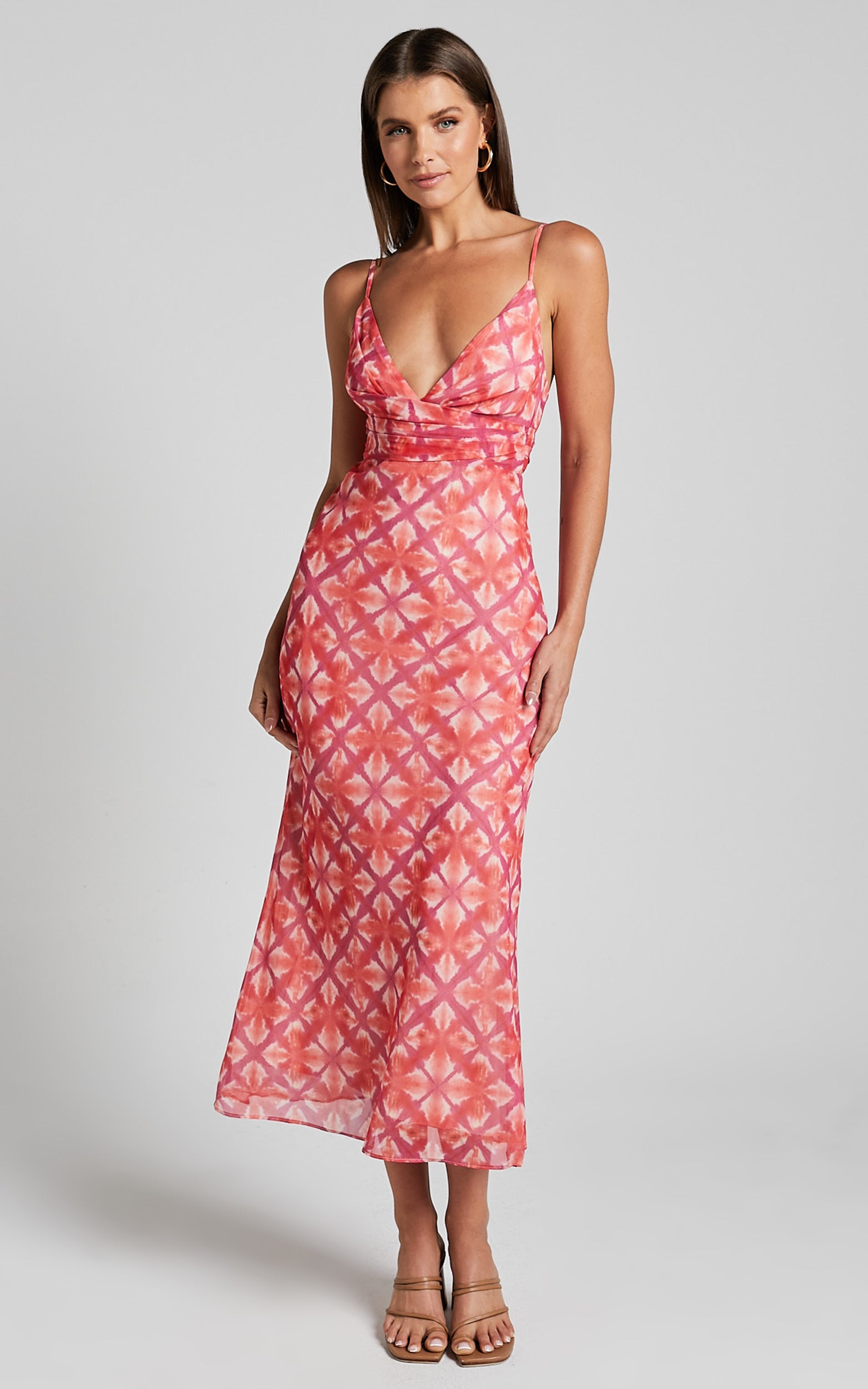 Glorimae Midi Dress - V Neck Aline Dress in Pink Floral Print