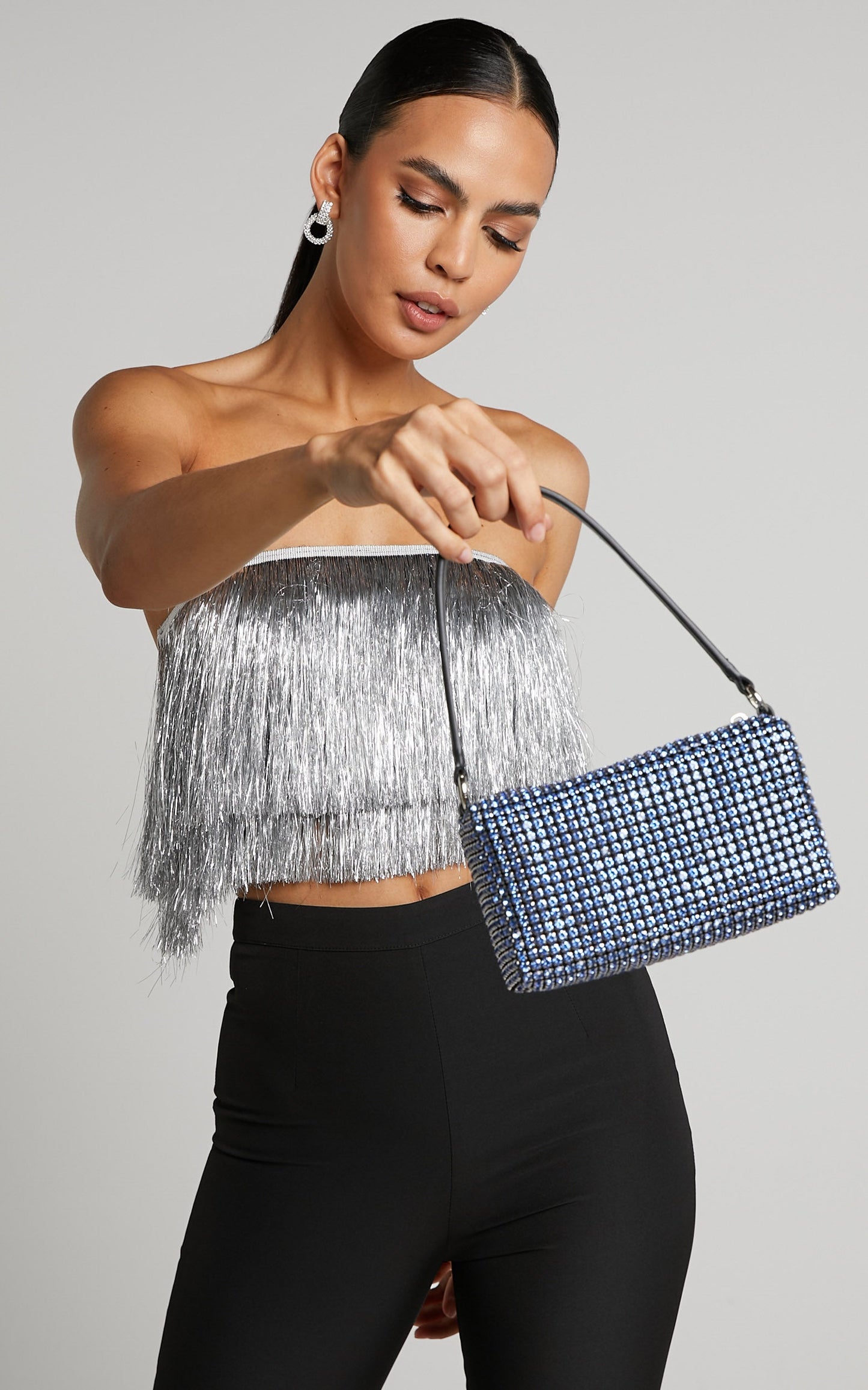 Gloriza Bag - Diamante Rectangular Mini Top Handle Bag in Dark Blue