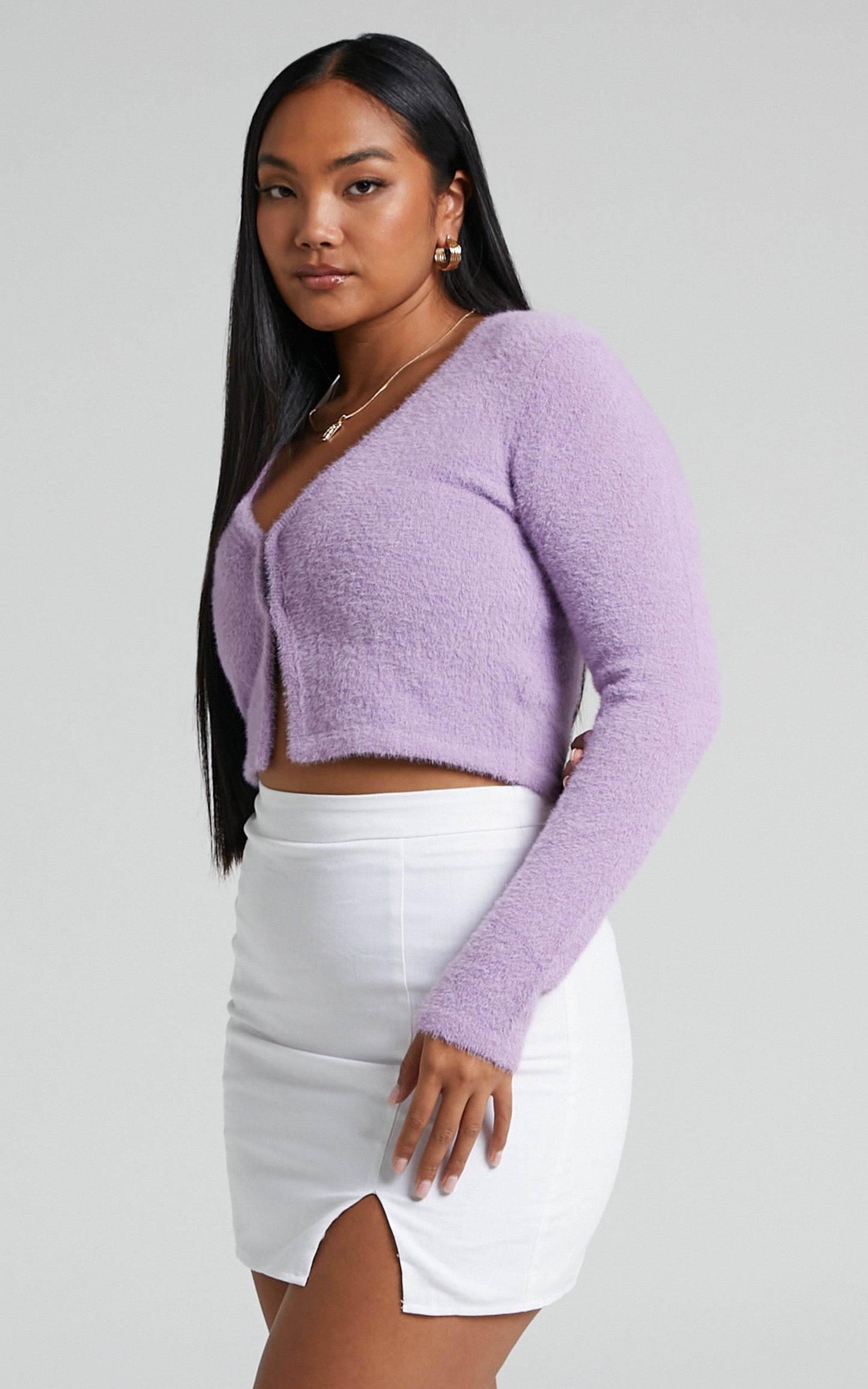 Glydel Fluffy Knit V Neck Crop Top in Lilac