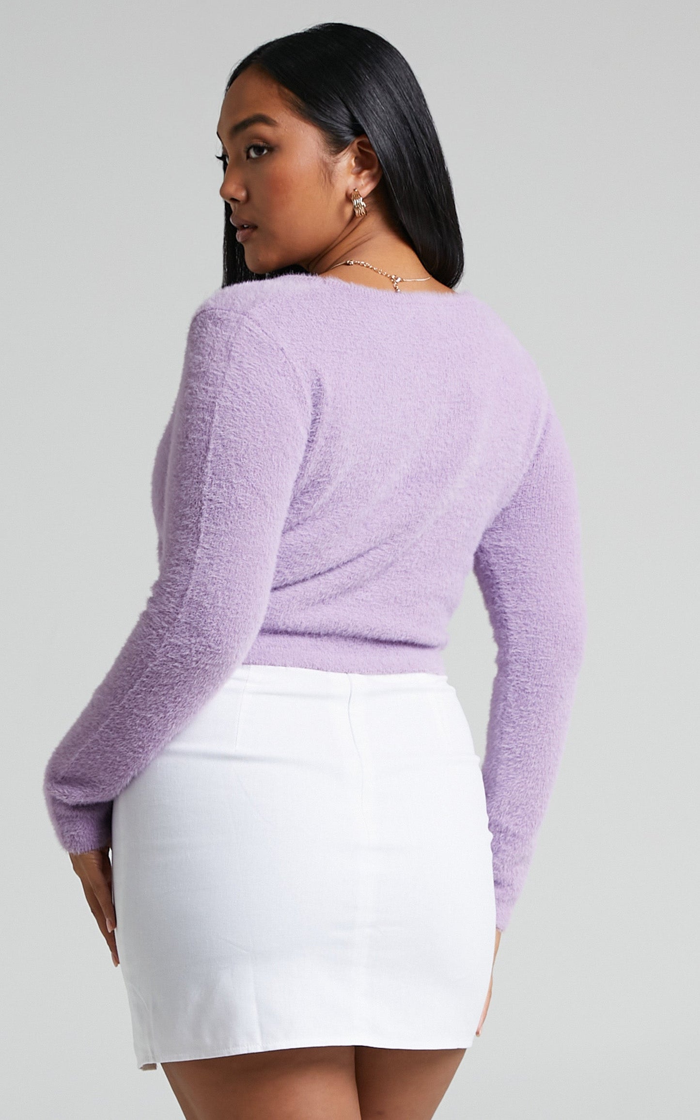 Glydel Fluffy Knit V Neck Crop Top in Lilac