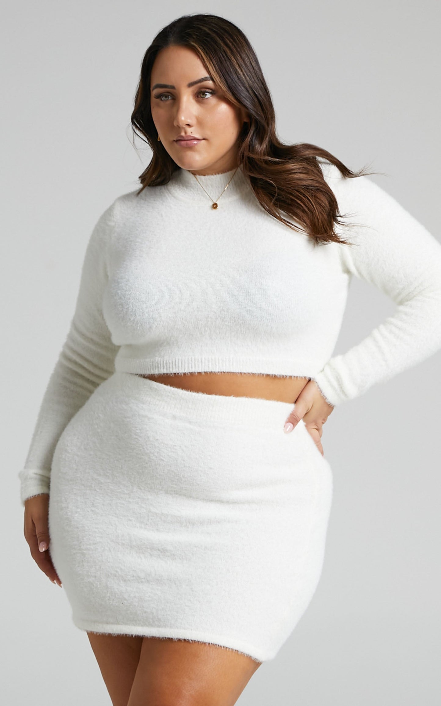 Glydel Fluffy Knit Long Sleeve Crop Top and Mini Skirt Two Piece Set in Winter White