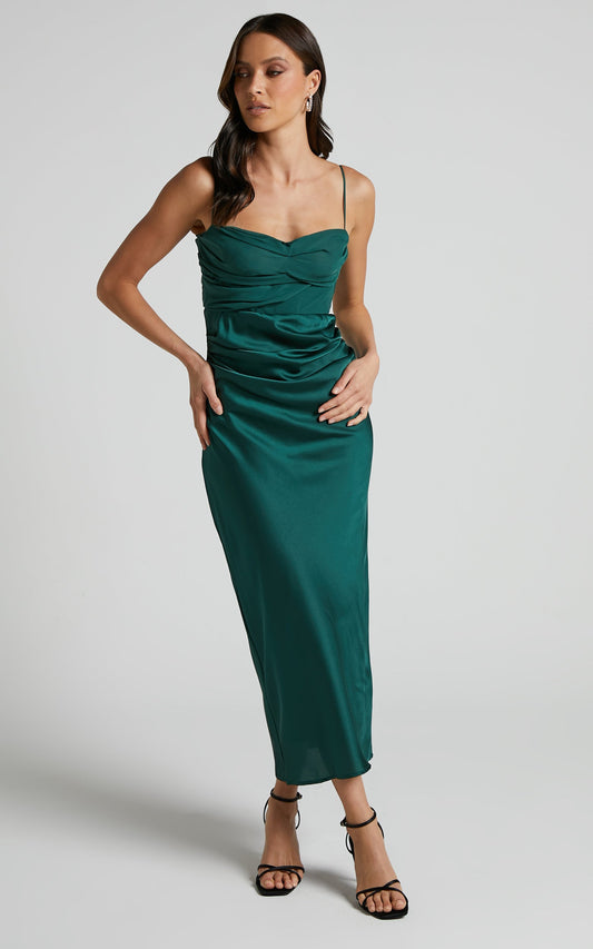 Glynn Midi Dress - Ruched Sweetheart Bodice Dress in Forest Green