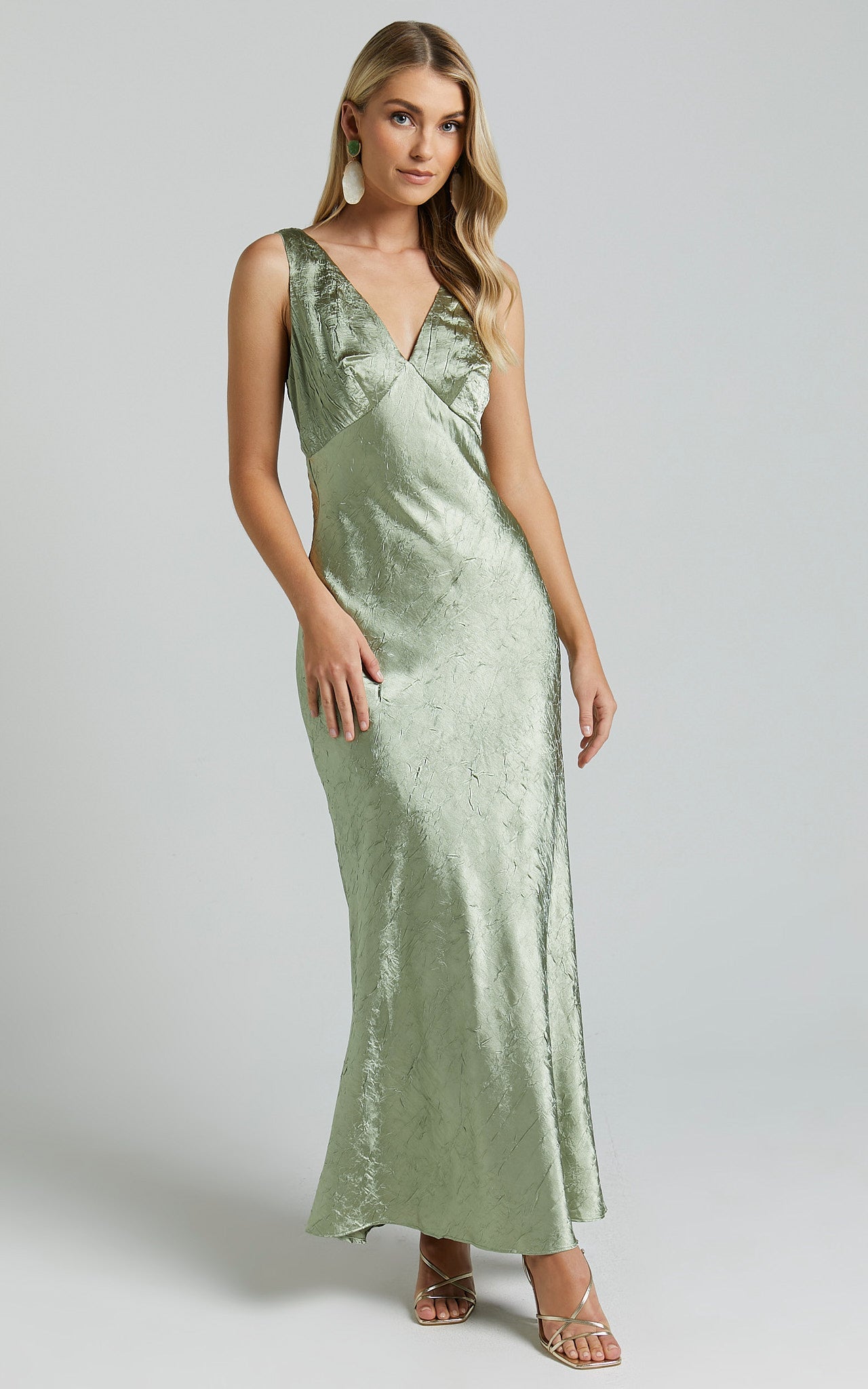 Graciemay Midi Dress - Deep V Neck Crinkle Satin Dress in Sage