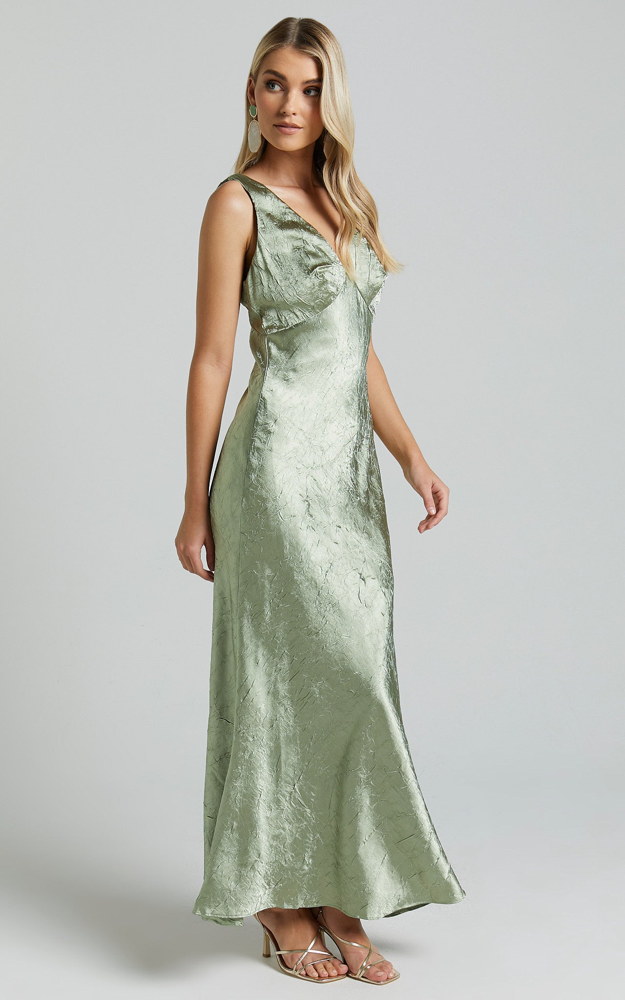 Graciemay Midi Dress - Deep V Neck Crinkle Satin Dress in Sage