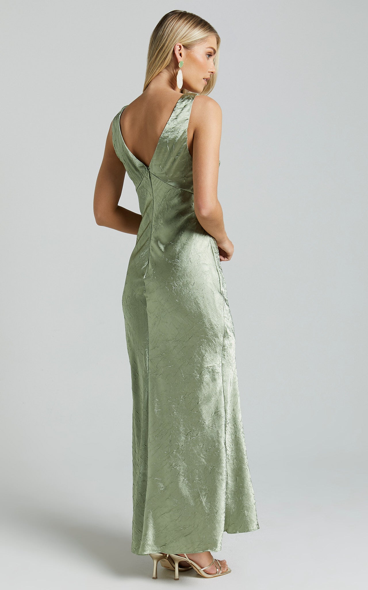 Graciemay Midi Dress - Deep V Neck Crinkle Satin Dress in Sage