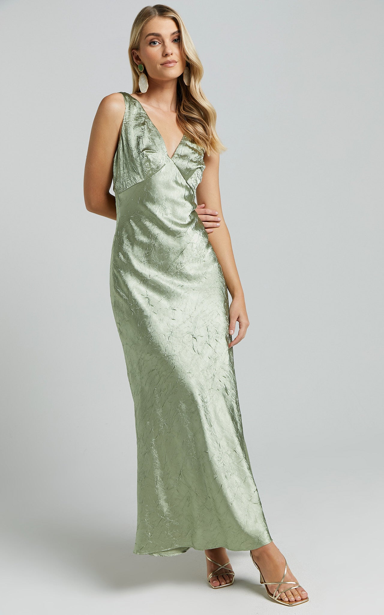 Graciemay Midi Dress - Deep V Neck Crinkle Satin Dress in Sage