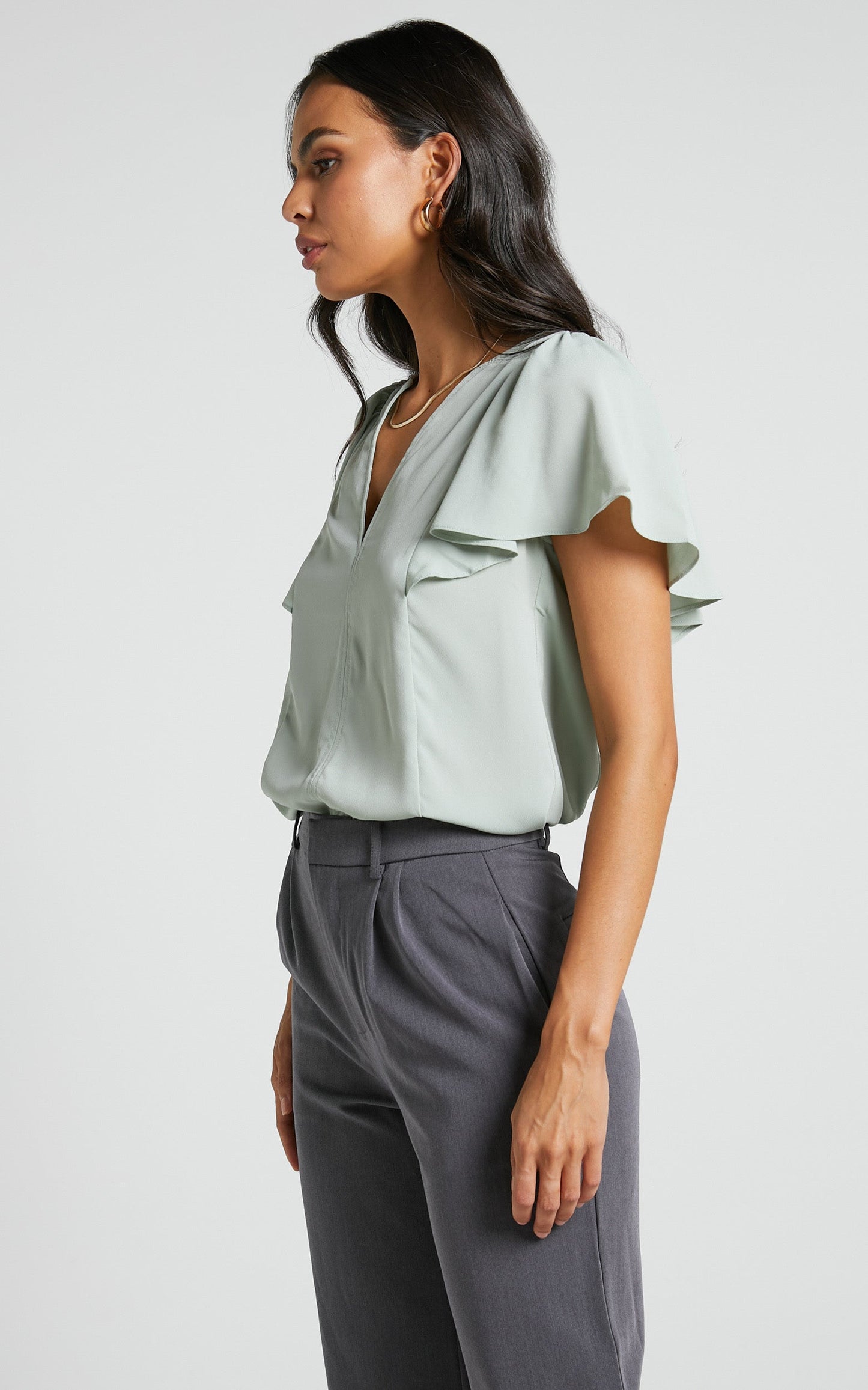 Grecila Blouse - V Neck Flutter Sleeve Blouse in Sage
