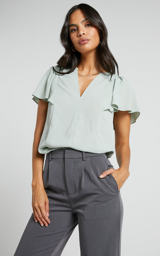 Grecila Blouse - V Neck Flutter Sleeve Blouse in Sage