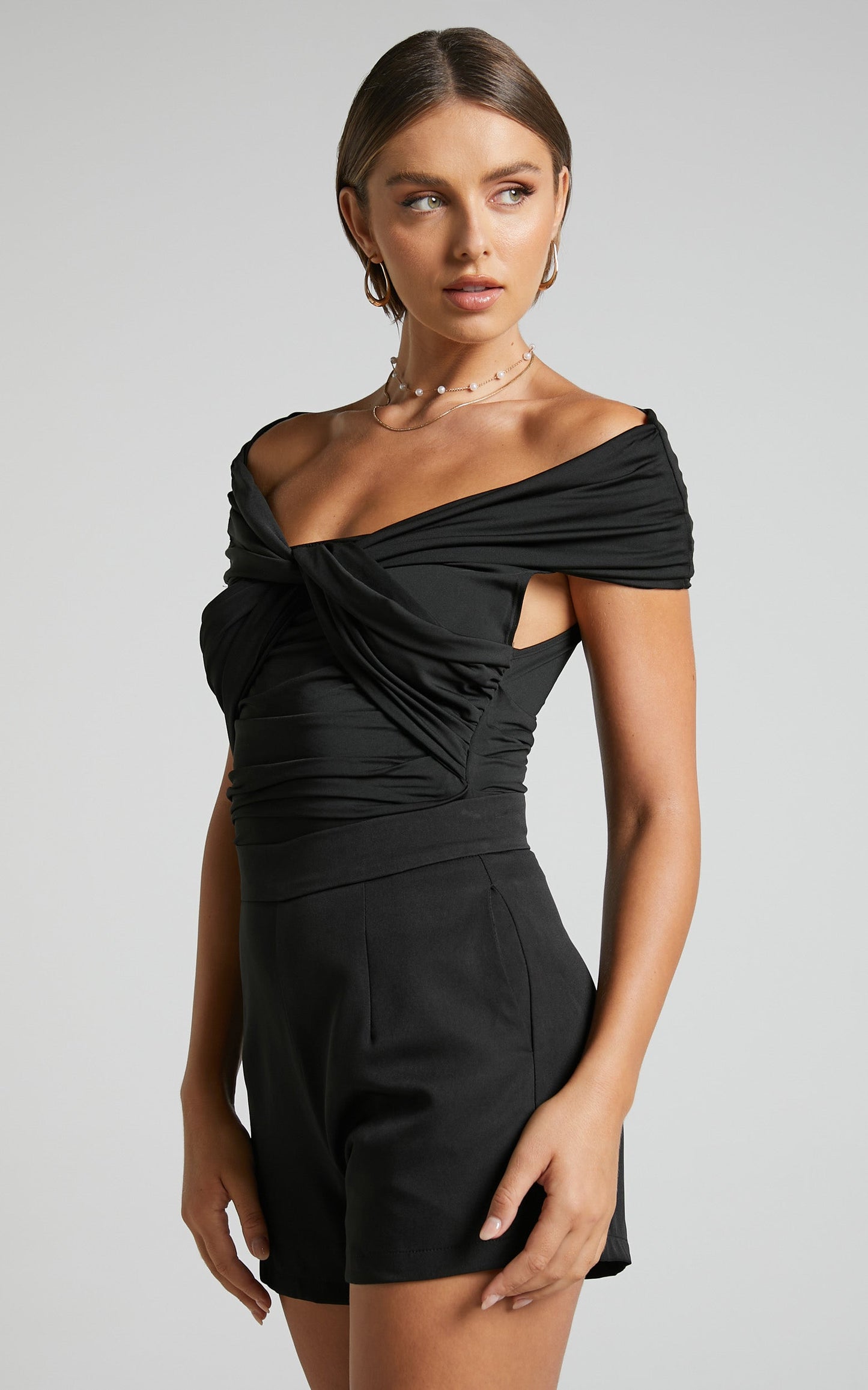Greita Bodysuit - Twist Front Off Shoulder Bodysuit in Black