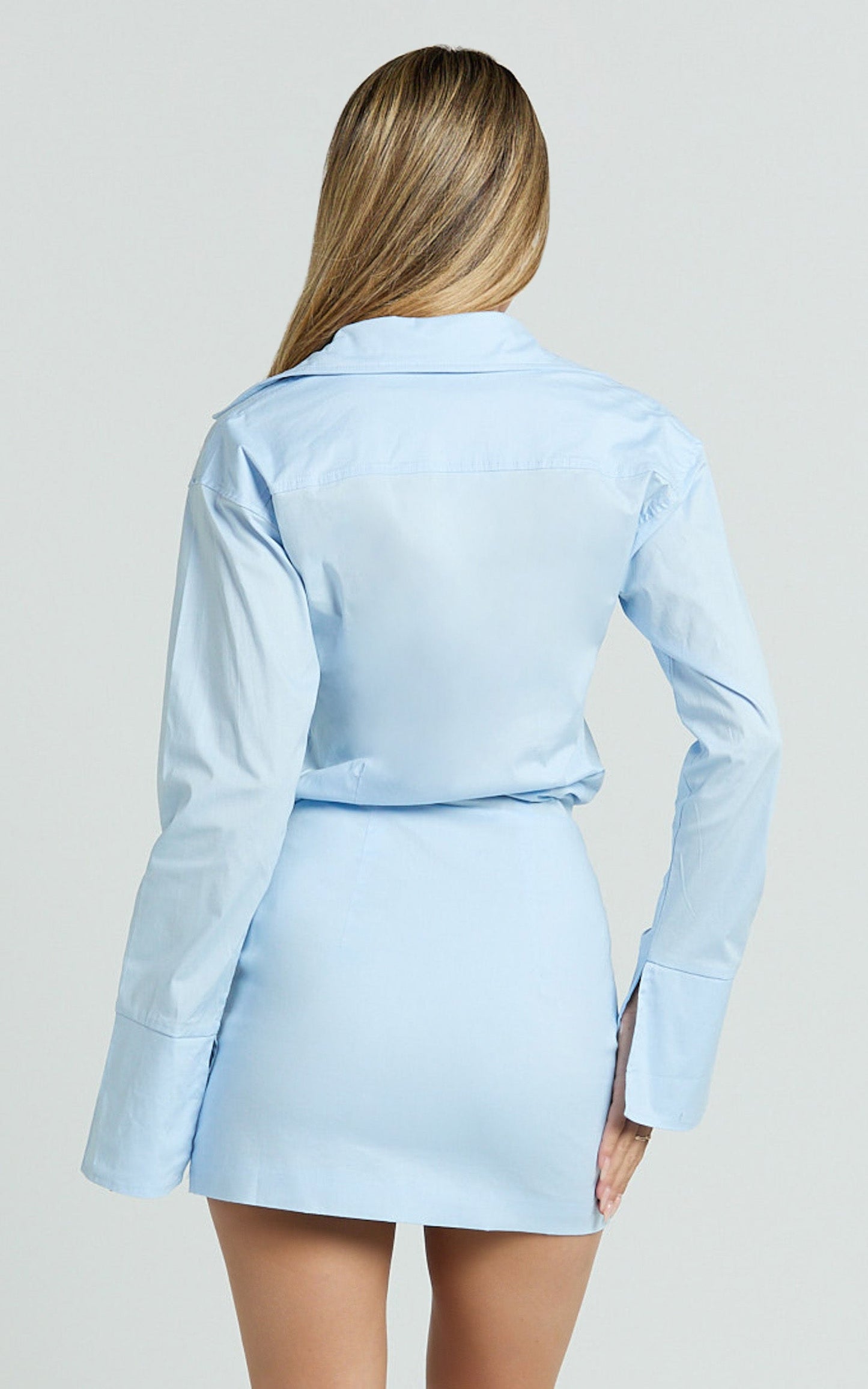 Gretel Mini Dress - Collared Button Front Relaxed Shirt Fitted Skirt Dress in Pale Blue