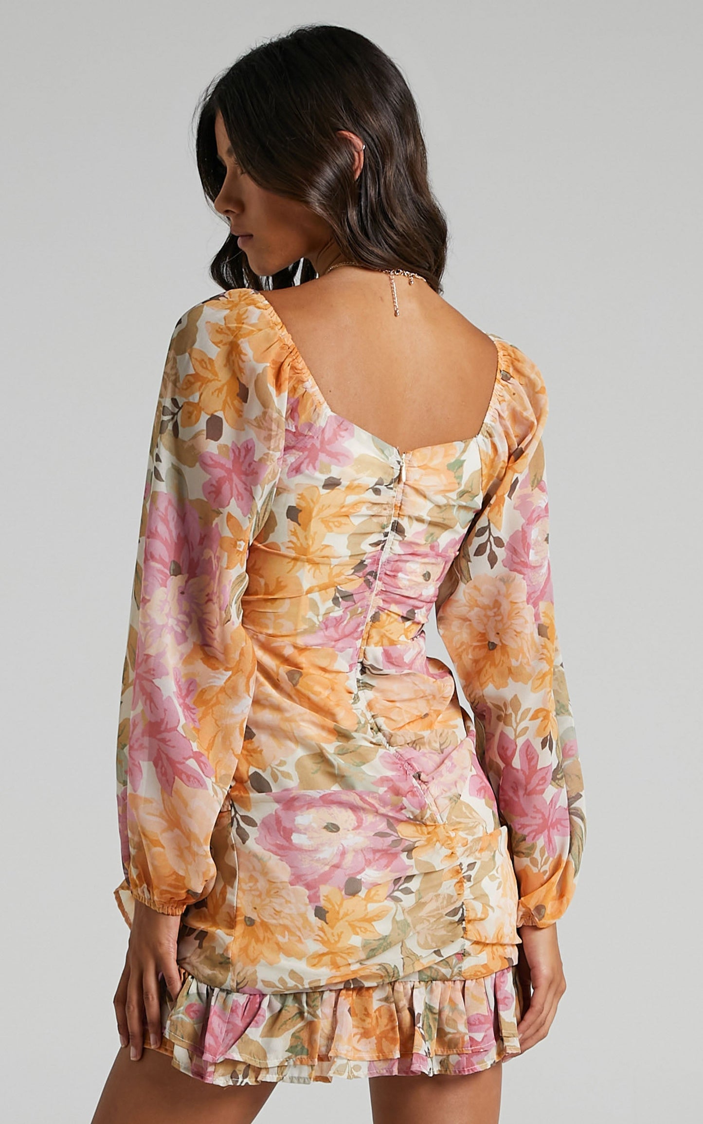 Grizela Mini Dress - Gathered Bust Long Sleeve Dress in Elegant Rose