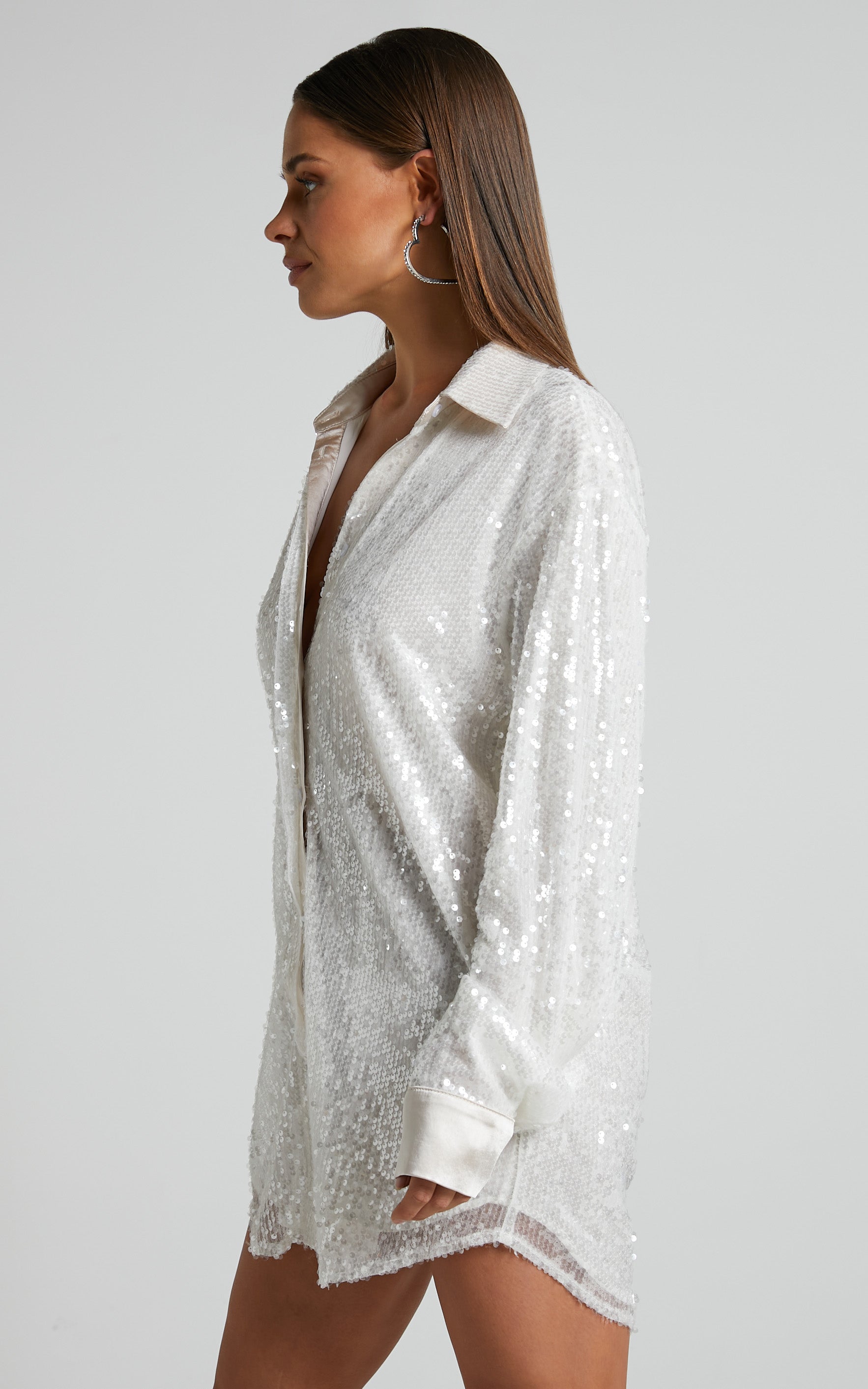 Gween Mini Dress - Satin Detail Sequin Shirt Dress in White