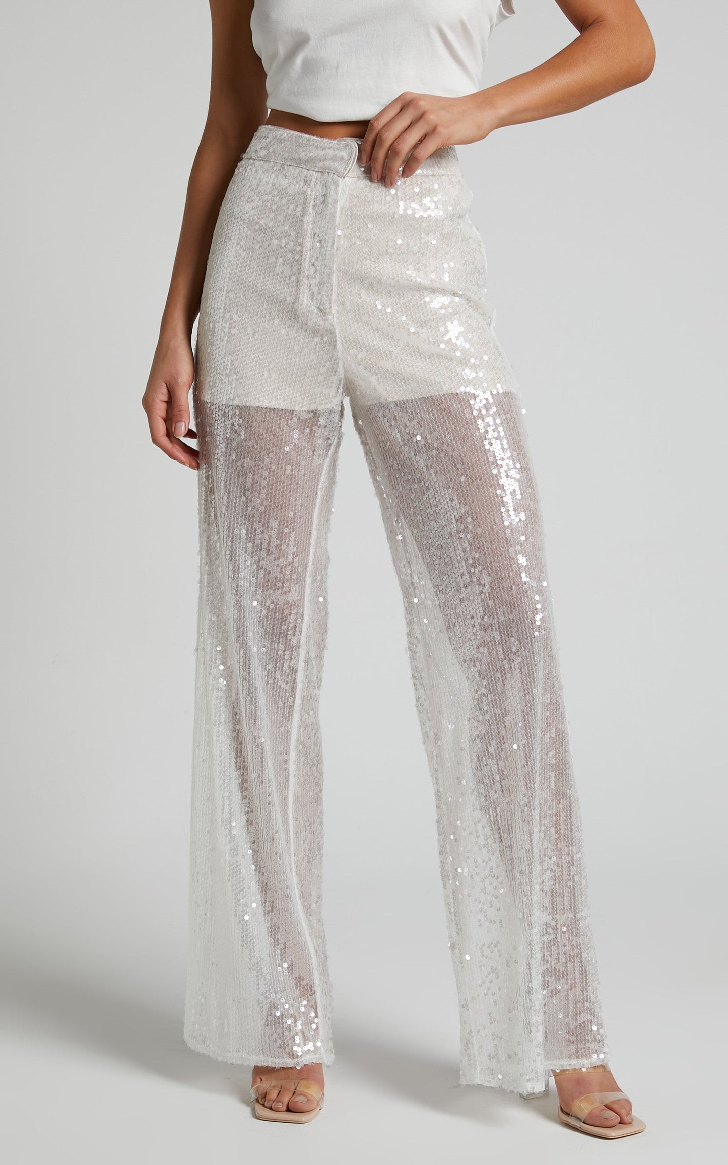 Gween - High Waisted Sheer Sequin Pant in White