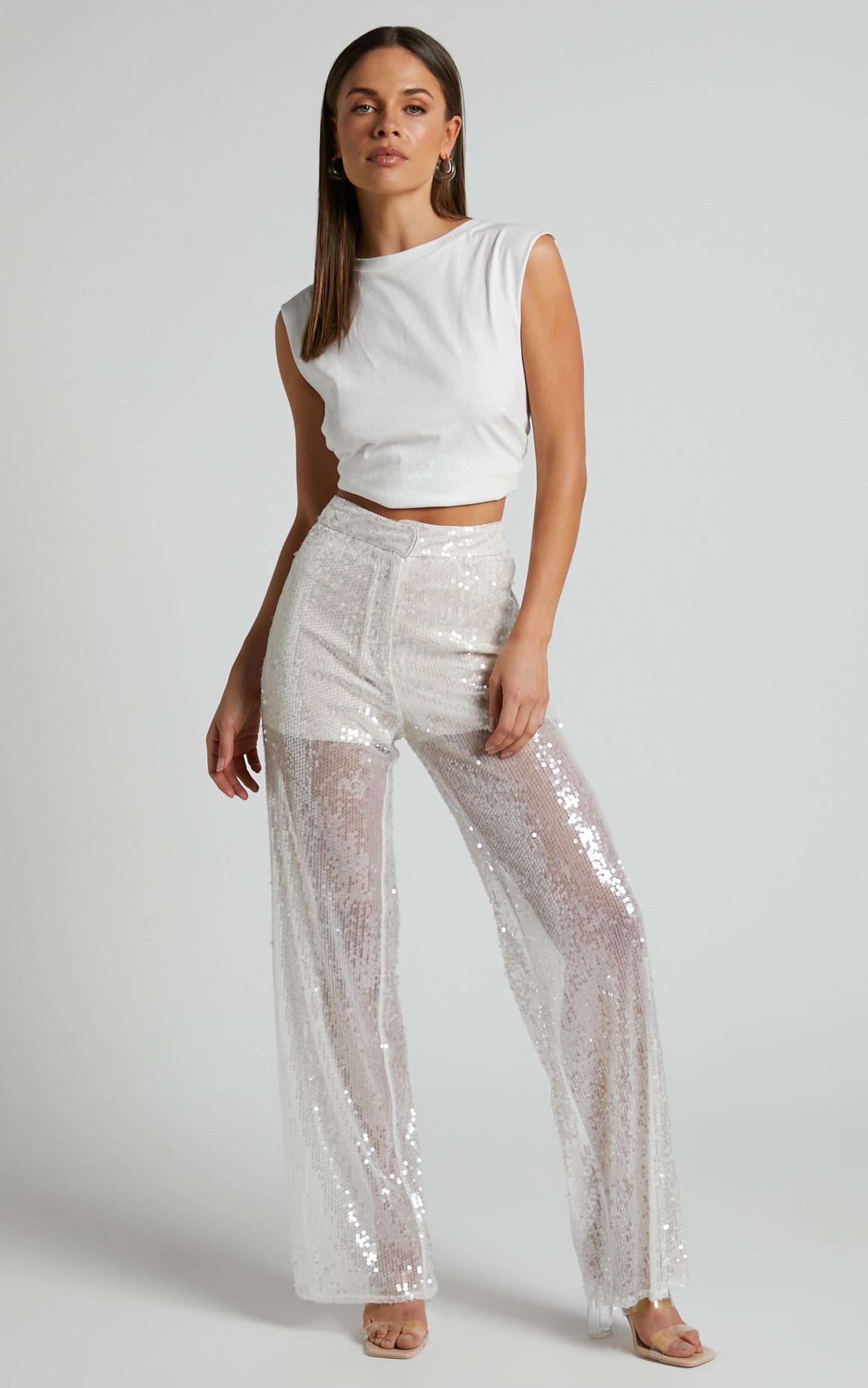 Gween - High Waisted Sheer Sequin Pant in White