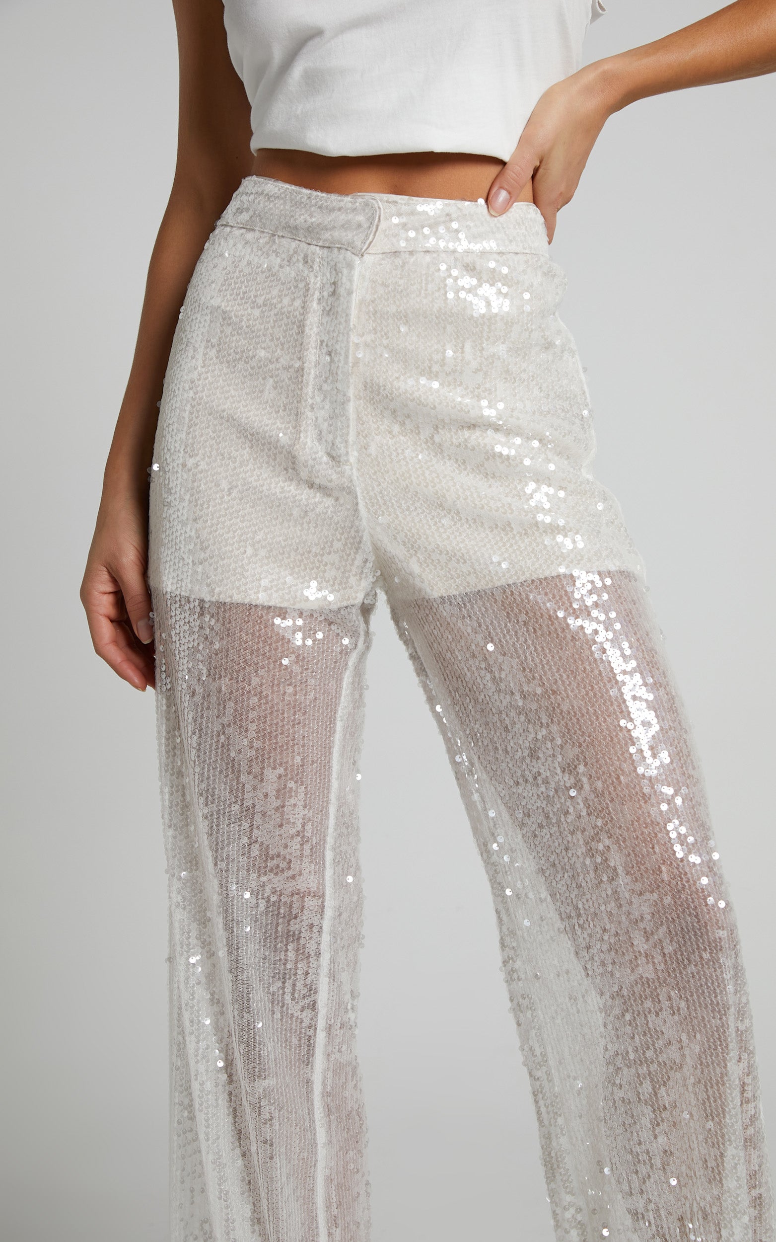Gween - High Waisted Sheer Sequin Pant in White