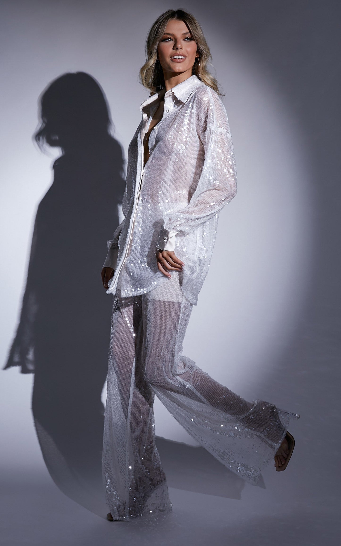 Gween - High Waisted Sheer Sequin Pant in White