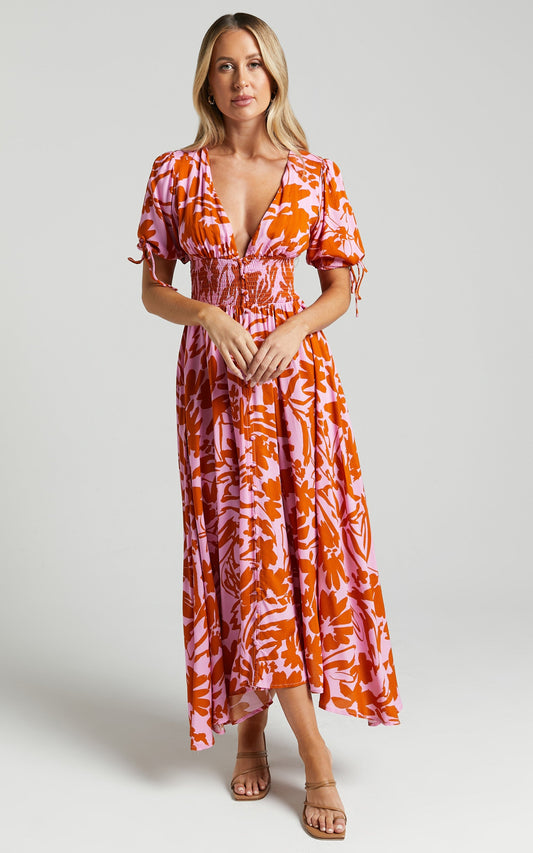Gweeny Midi Dress - V Neck Tie Short Sleeve Dress in Rust Floral