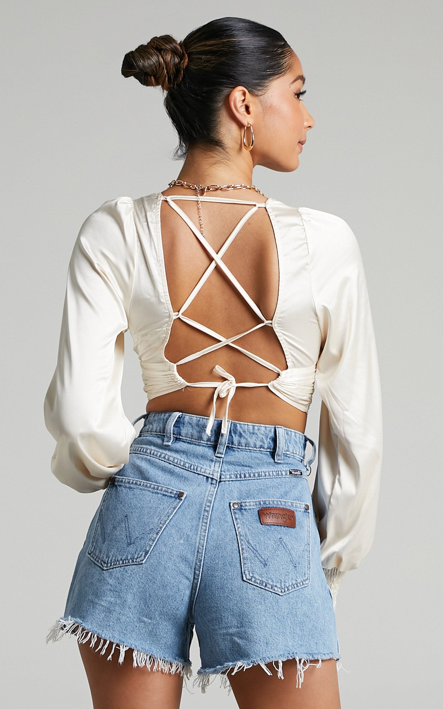 Gwennibeth Plunge Neck Tie Back Cropped Blouse in Champagne Satin